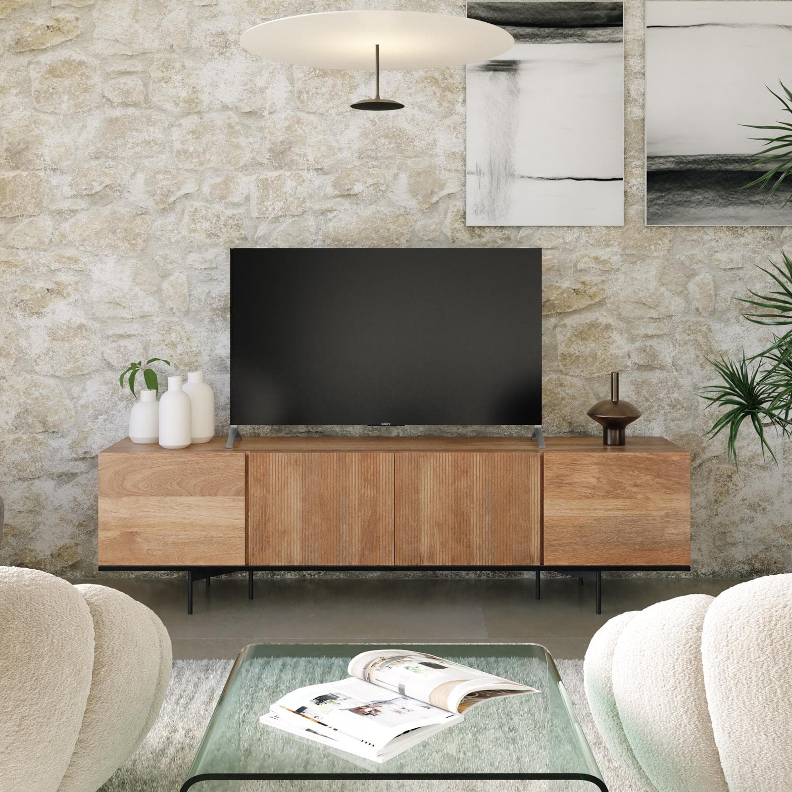 Mobile porta tv 200x55h cm in legno di acacia cannettato con 4 ante e piedi neri - Yuni