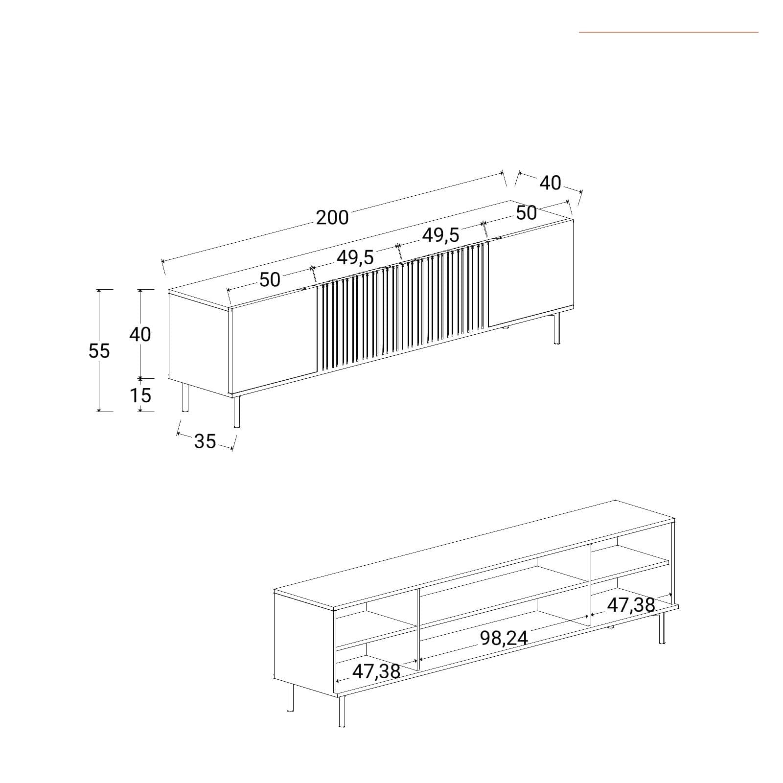 Mobile porta tv 200x55h cm in legno di acacia cannettato con 4 ante e piedi neri - Yuni