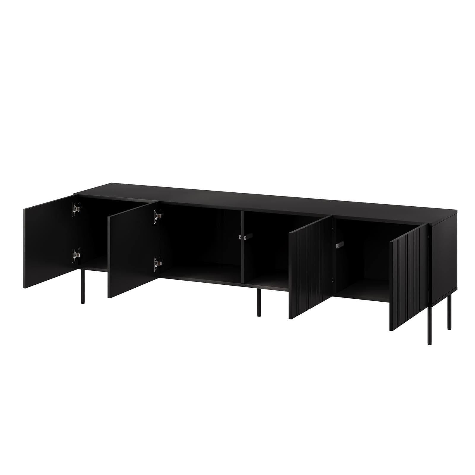 Mobile porta tv 200x60h cm nero cannettato alternato con 4 ante e piedi in metallo finitura opaca - Gladys