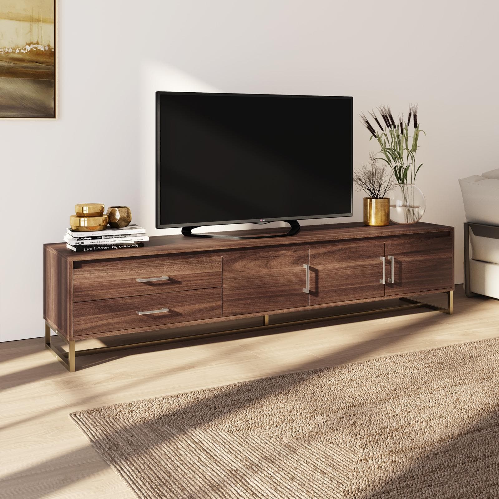 Mobile porta tv 202x46h cm in legno rovere scuro con gambe oro spazzolato e maniglie argento spazzolato - Tod