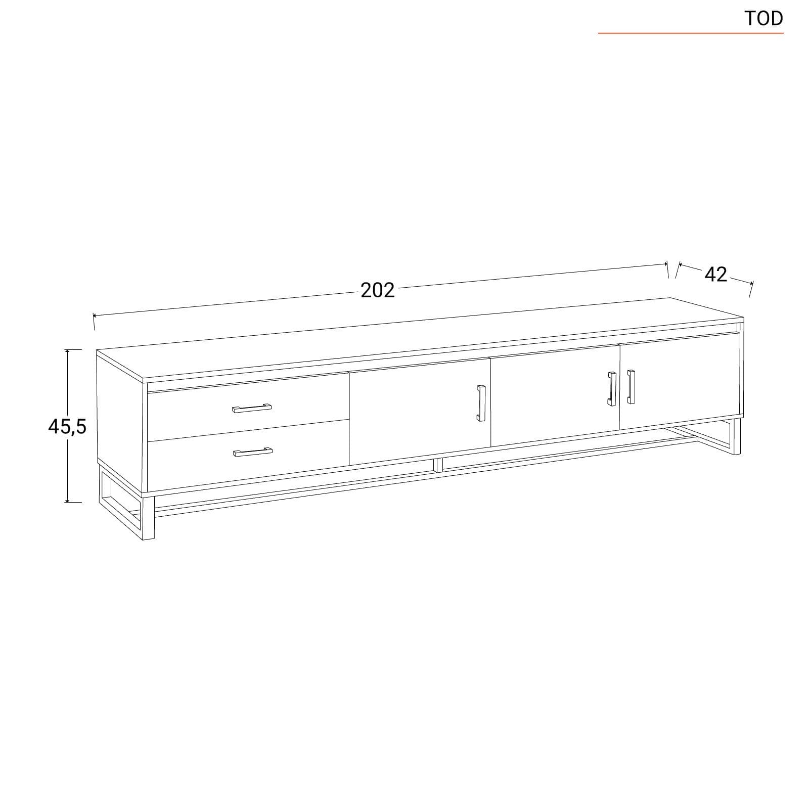 Mobile porta tv 202x46h cm in legno rovere scuro con gambe oro spazzolato e maniglie argento spazzolato - Tod