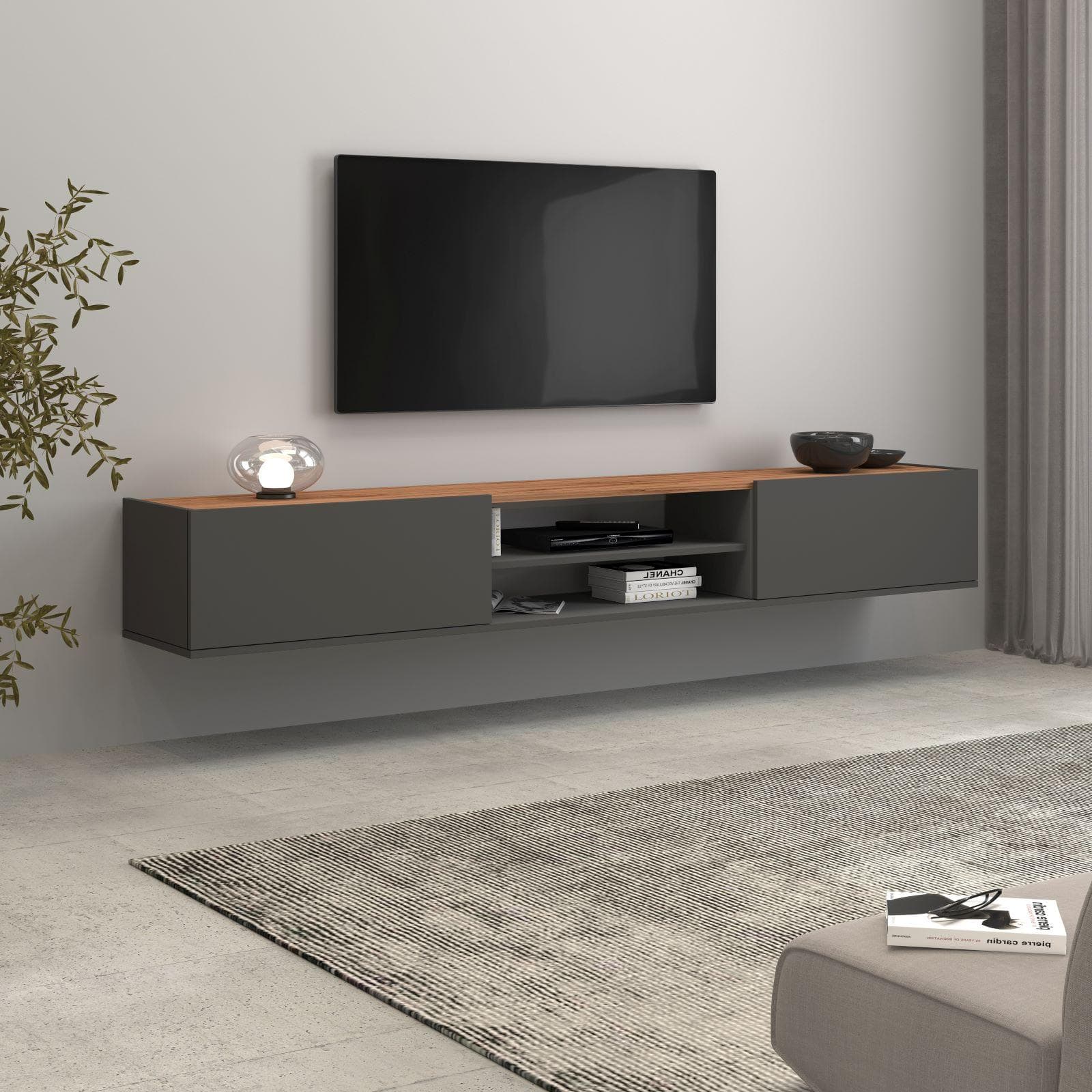 Mobile porta tv 210x30h cm antracite opaco top rovere wotan con 2 ante sospeso e a terra - Loira