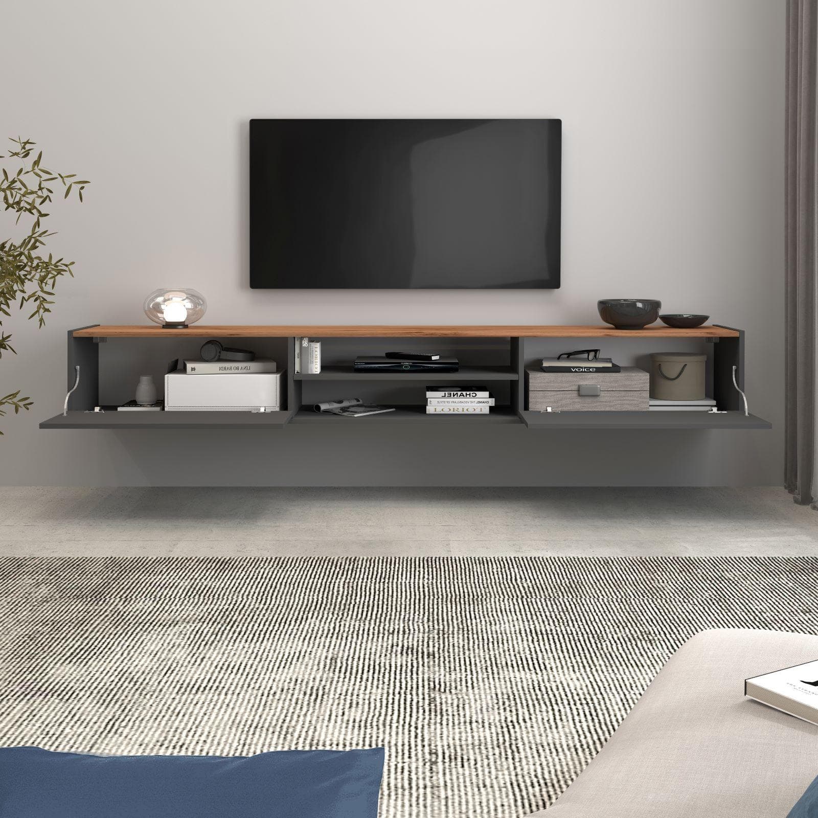 Mobile porta tv 210x30h cm antracite opaco top rovere wotan con 2 ante sospeso e a terra - Loira