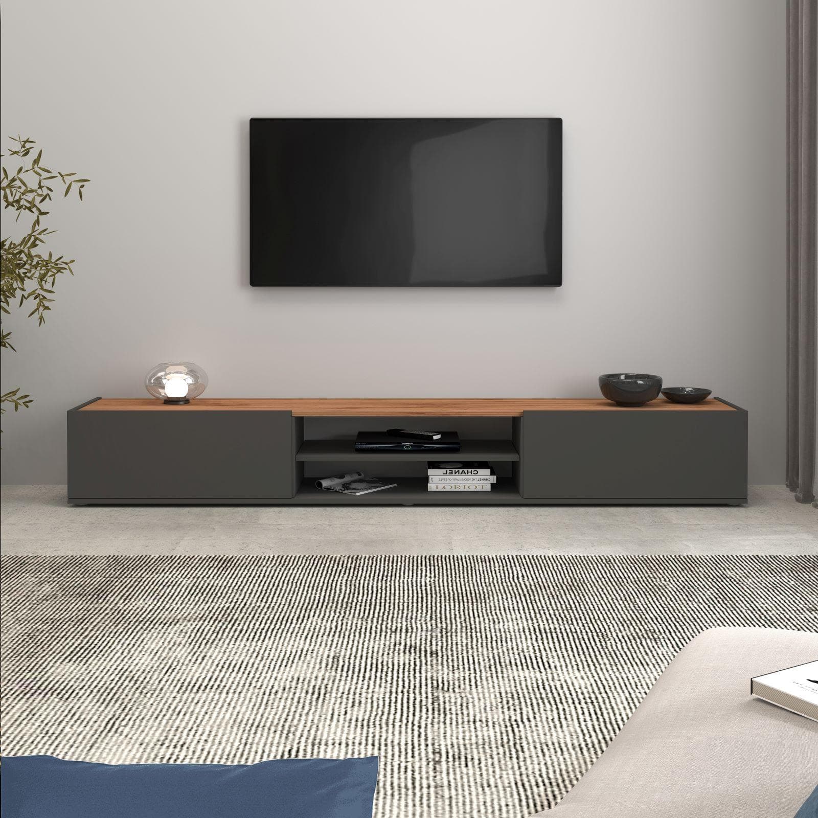 Mobile porta tv 210x30h cm antracite opaco top rovere wotan con 2 ante sospeso e a terra - Loira