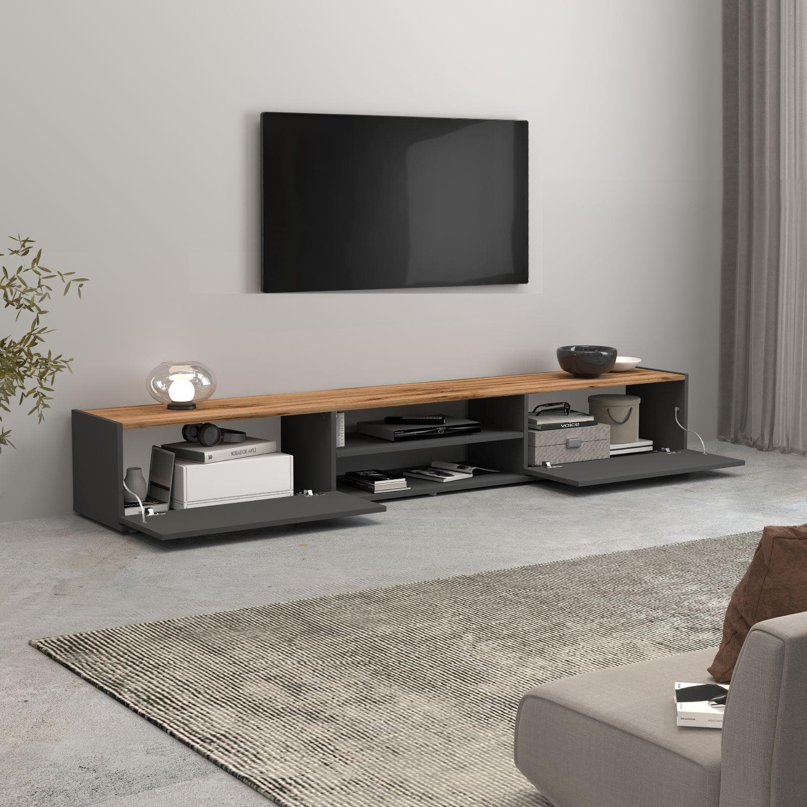 Mobile porta tv 210x30h cm antracite opaco top rovere wotan con 2 ante sospeso e a terra - Loira