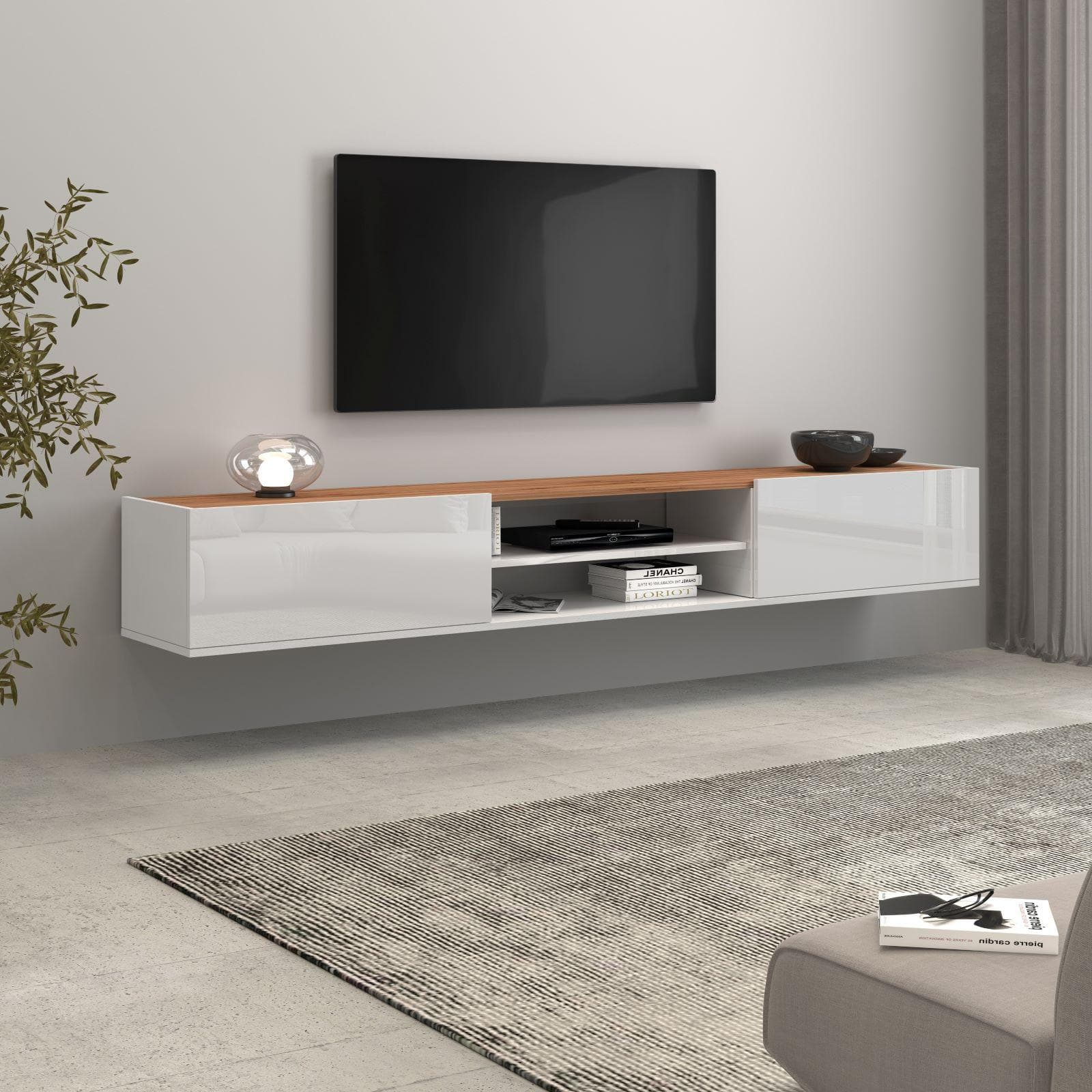 Mobile porta tv 210x30h cm bianco lucido top rovere wotan con 2 ante sospeso e a terra - Loira