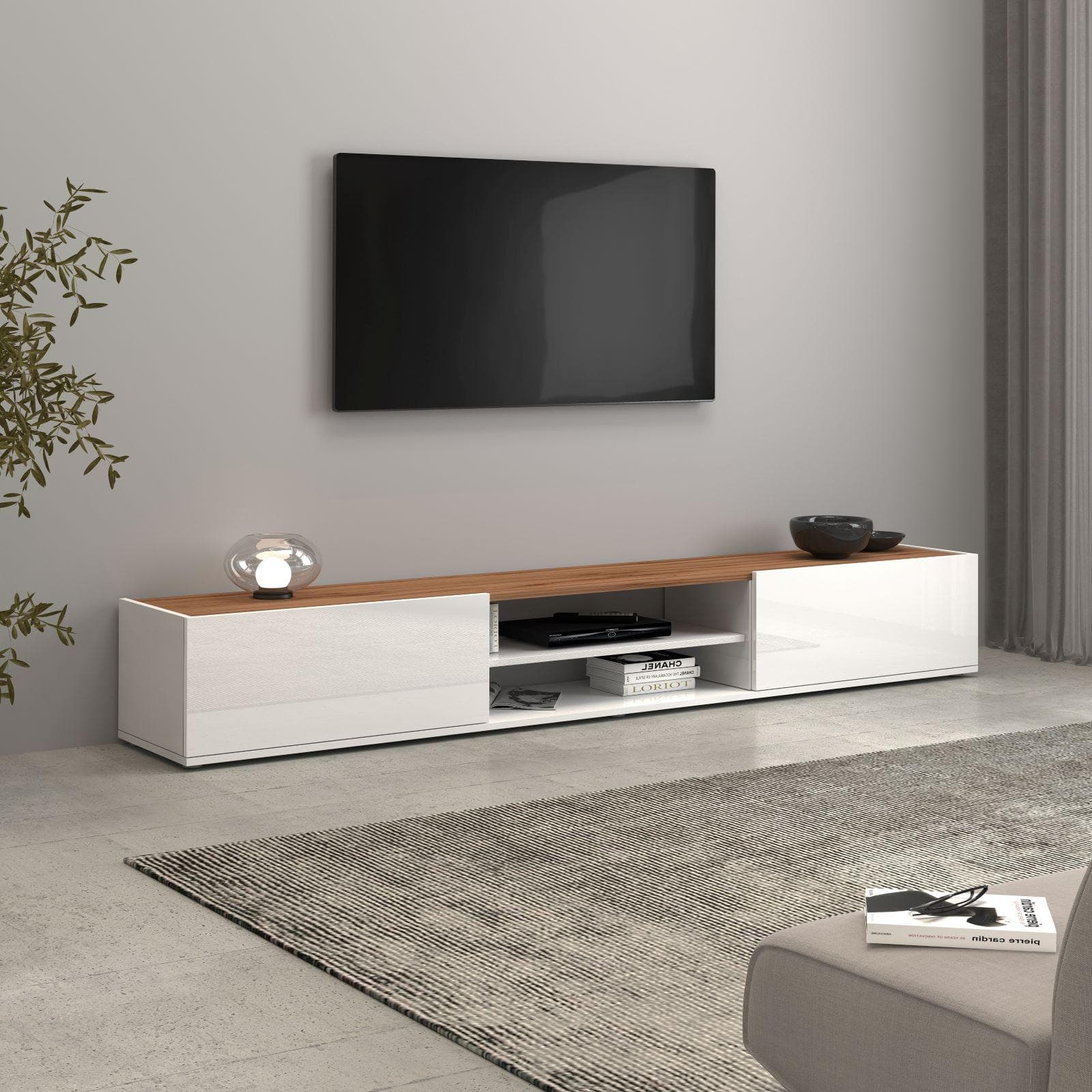 Mobile porta tv 210x30h cm bianco lucido top rovere wotan con 2 ante sospeso e a terra - Loira