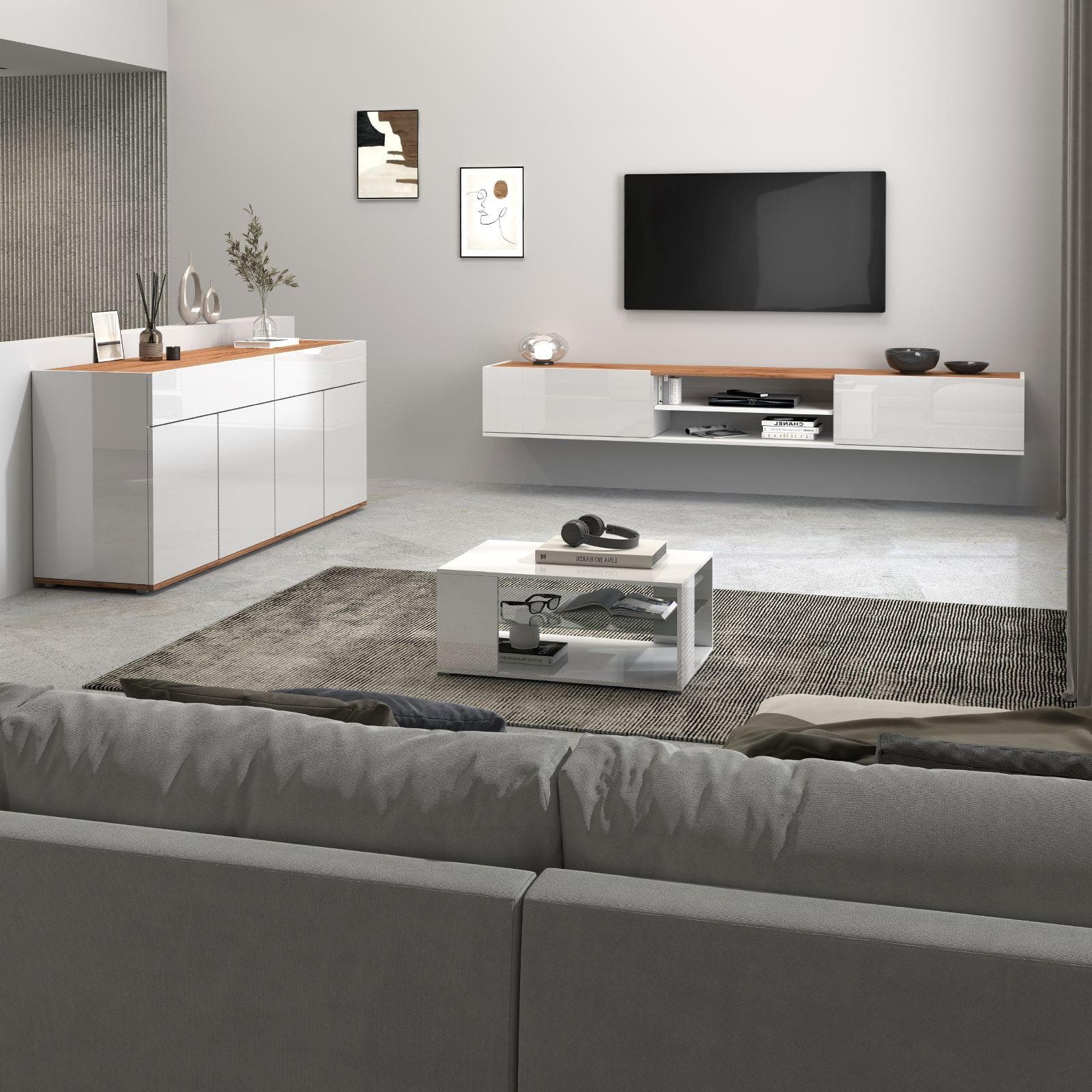 Mobile porta tv 210x30h cm bianco lucido top rovere wotan con 2 ante sospeso e a terra - Loira