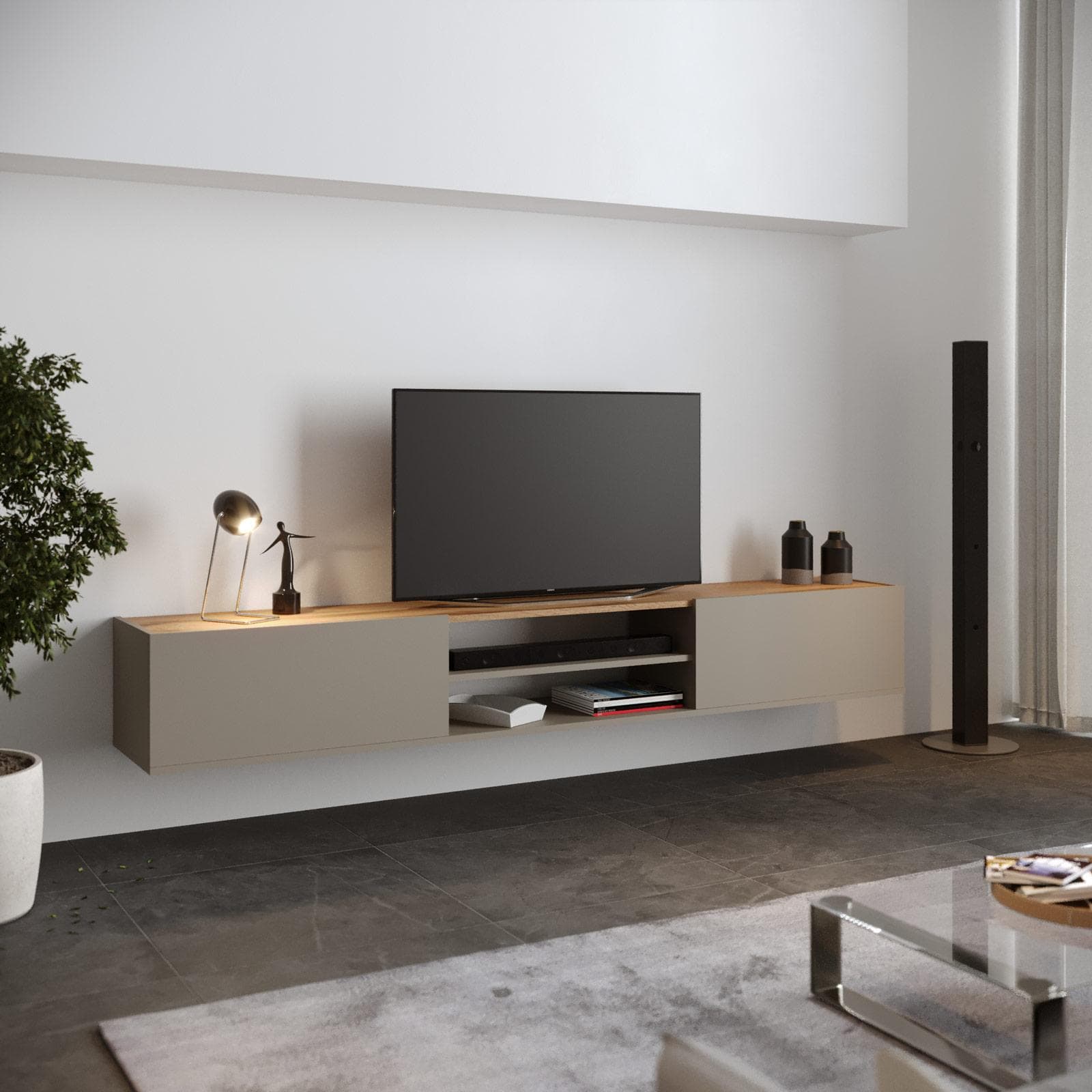 Mobile porta tv 210x30h cm tortora opaco top rovere wotan con 2 ante sospeso e a terra - Loira