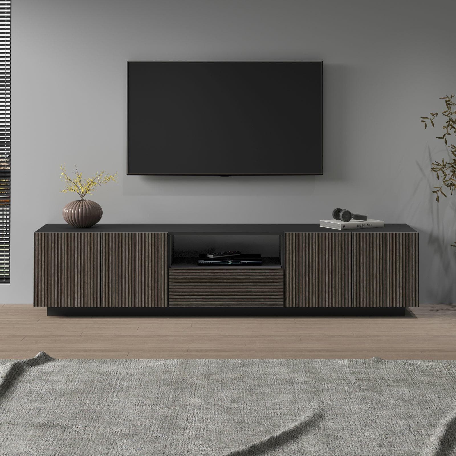Mobile porta tv 220x46h cm antracite opaco e legno scuro effetto cannettato - Roots