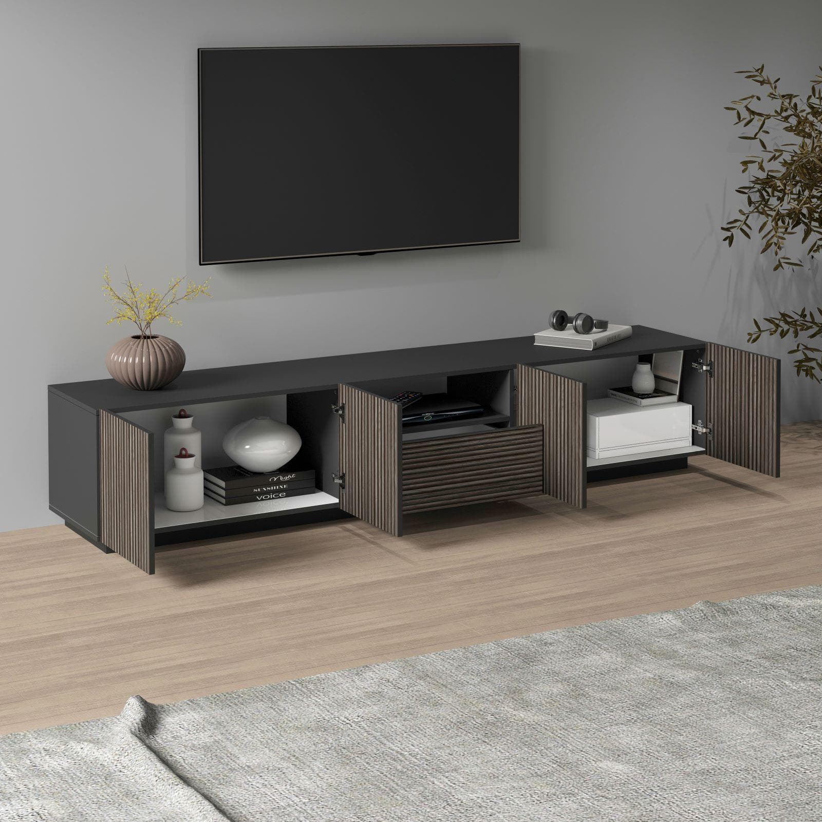 Mobile porta tv 220x46h cm antracite opaco e legno scuro effetto cannettato - Roots