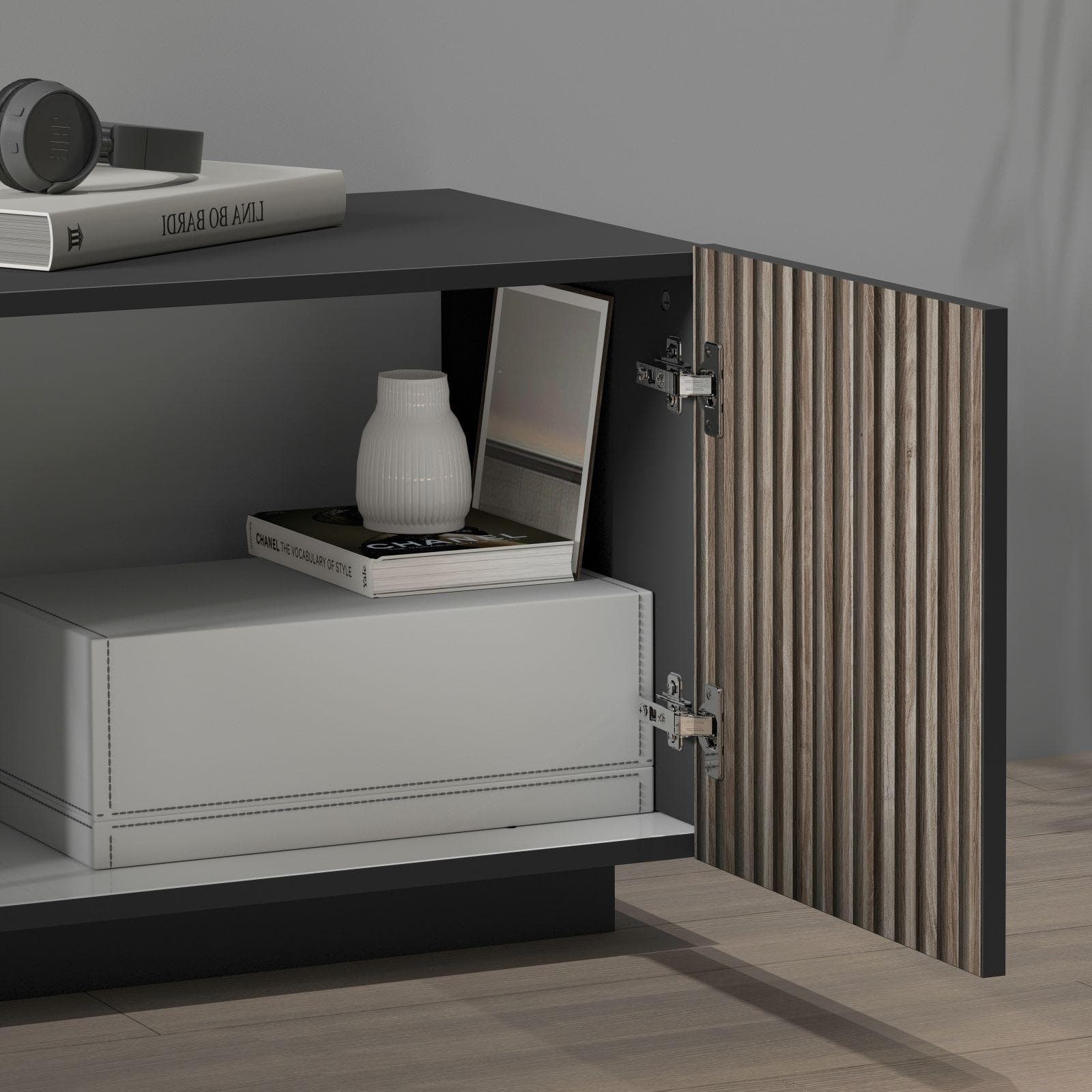 Mobile porta tv 220x46h cm antracite opaco e legno scuro effetto cannettato - Roots