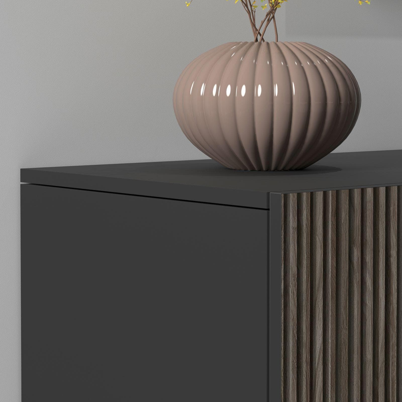 Mobile porta tv 220x46h cm antracite opaco e legno scuro effetto cannettato - Roots
