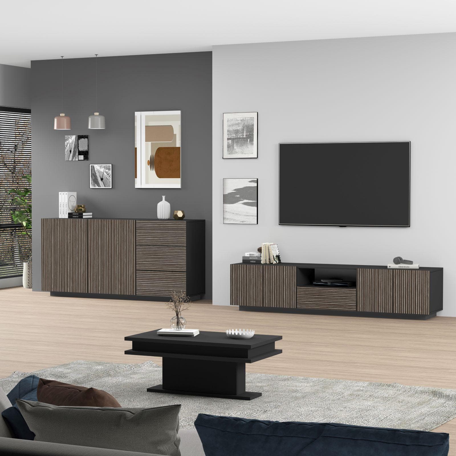 Mobile porta tv 220x46h cm antracite opaco e legno scuro effetto cannettato - Roots