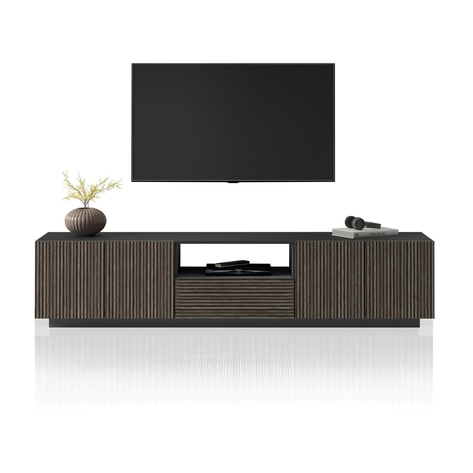 Mobile porta tv 220x46h cm antracite opaco e legno scuro effetto cannettato - Roots