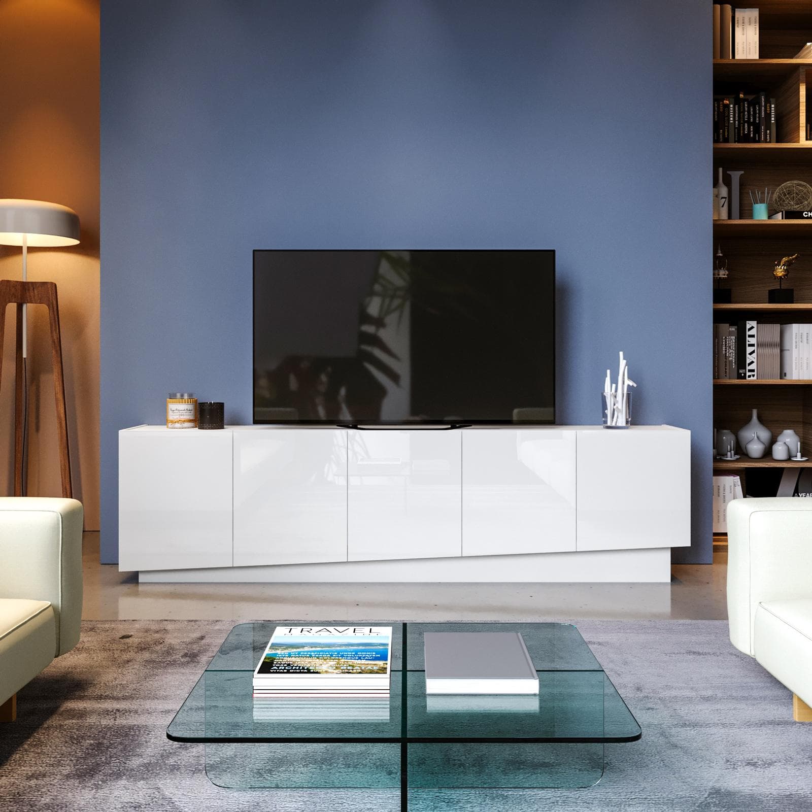 Mobile porta tv 225x60h cm con 5 ante bianco lucido - Veronique