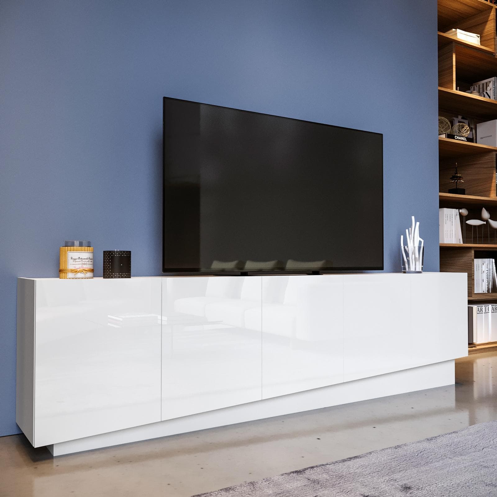 Mobile porta tv 225x60h cm con 5 ante bianco lucido - Veronique