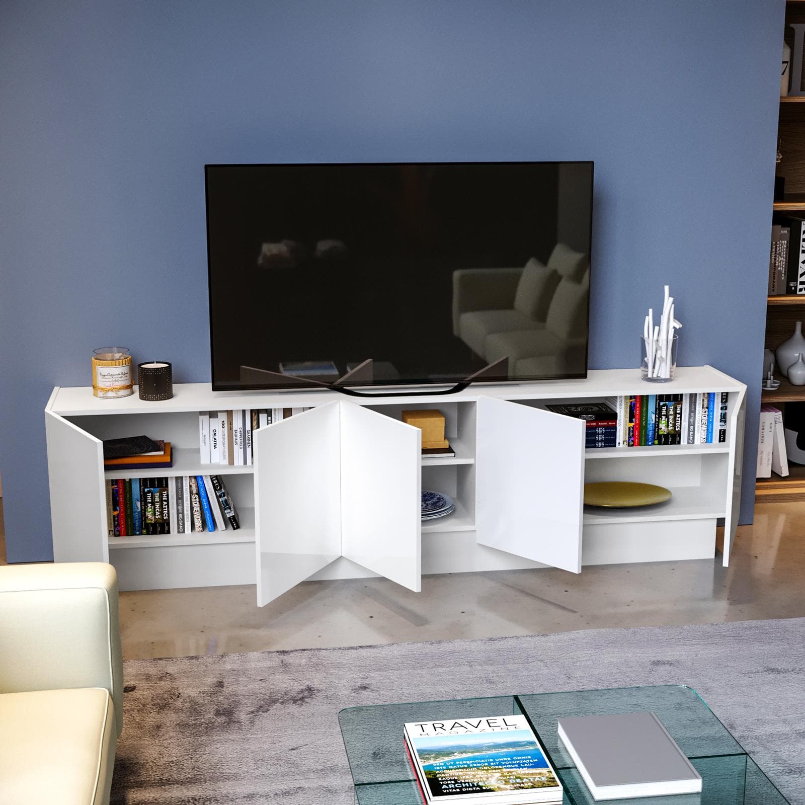 Mobile porta tv 225x60h cm con 5 ante bianco lucido - Veronique