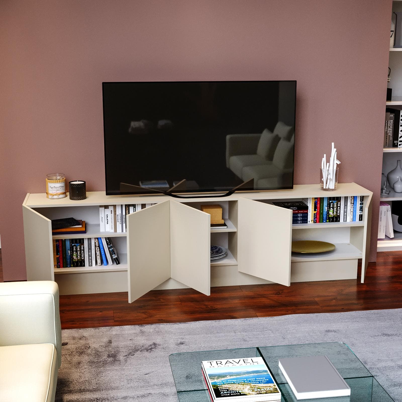 Mobile porta tv 225x60h cm con 5 ante cashmere opaco - Veronique