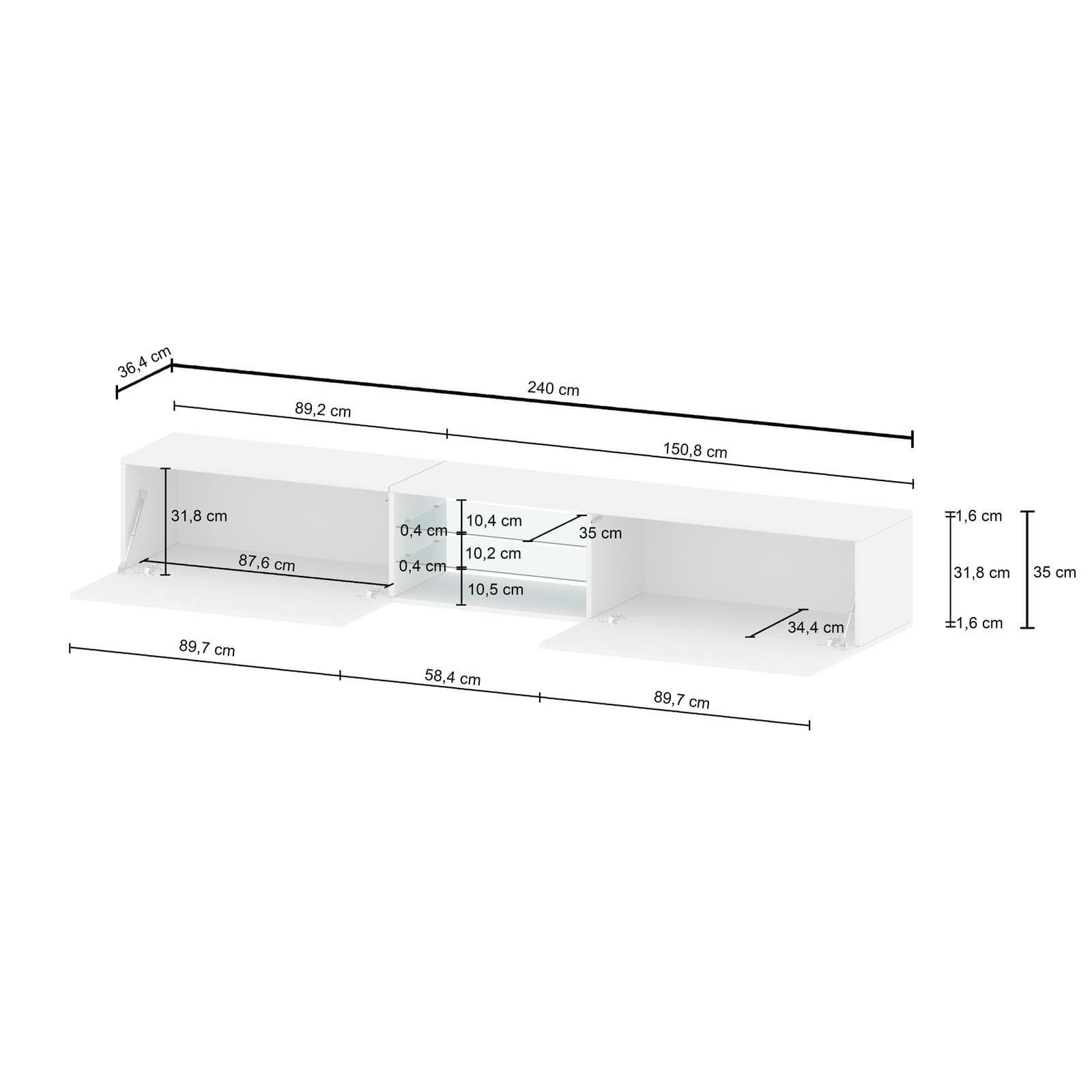 Mobile porta tv 240x35h cm bianco lucido con 2 ante e 2 ripiani- Carim
