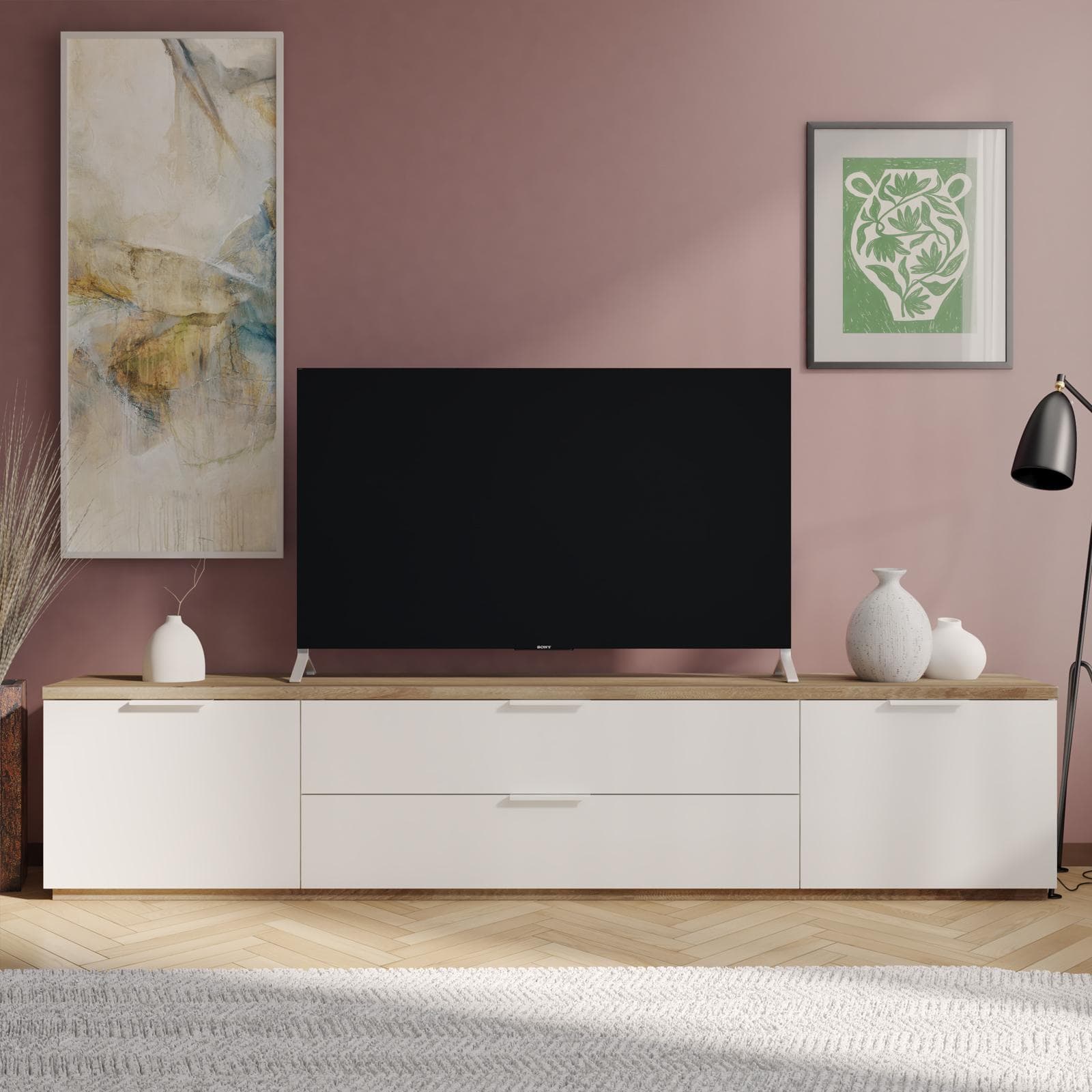 Mobile porta tv 240x41 cm in legno bianco lucido e rovere artisan - Boras living