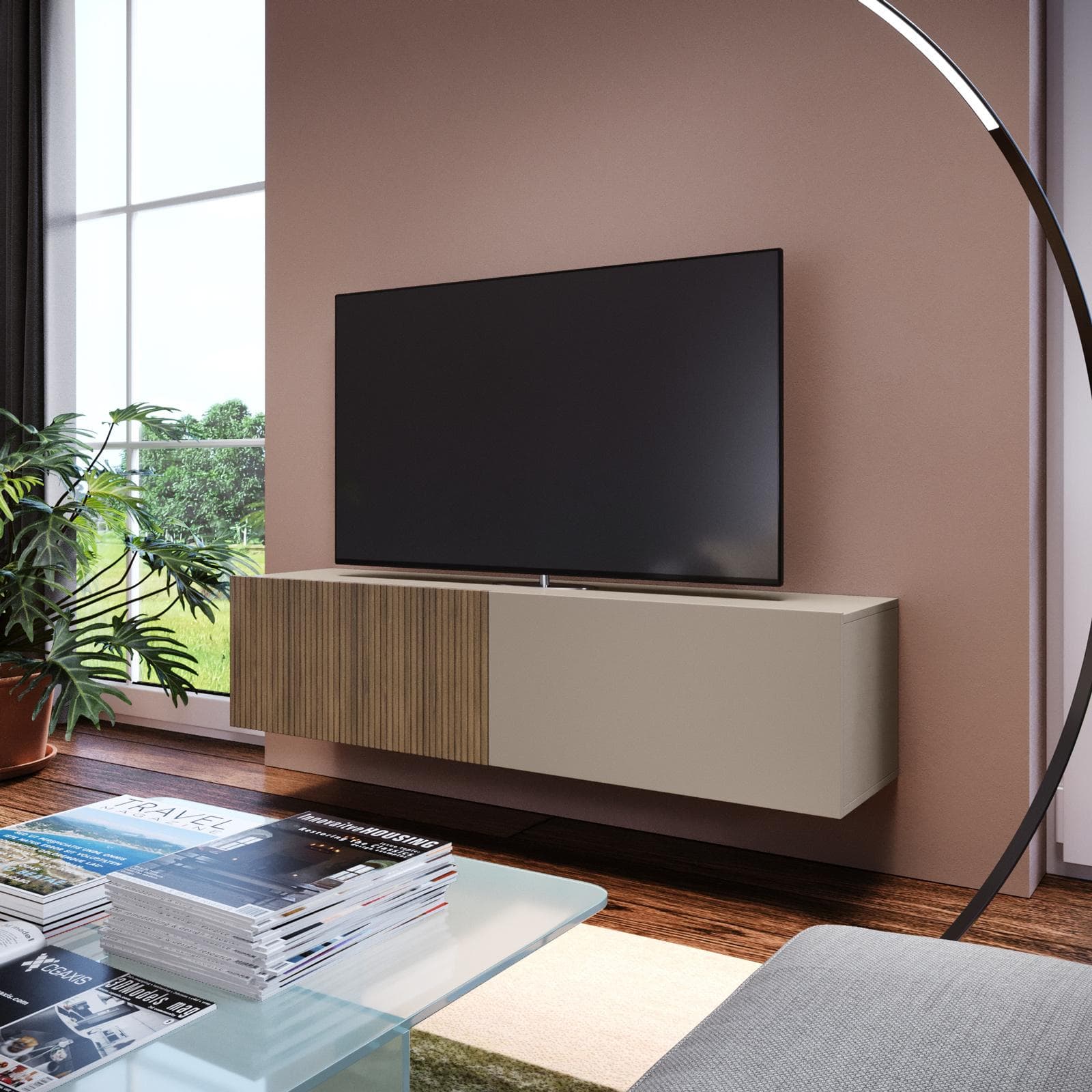 Mobile porta tv sospeso 135x32h cm tortora e rovere millennium cannettato con 2 ante - Zelma