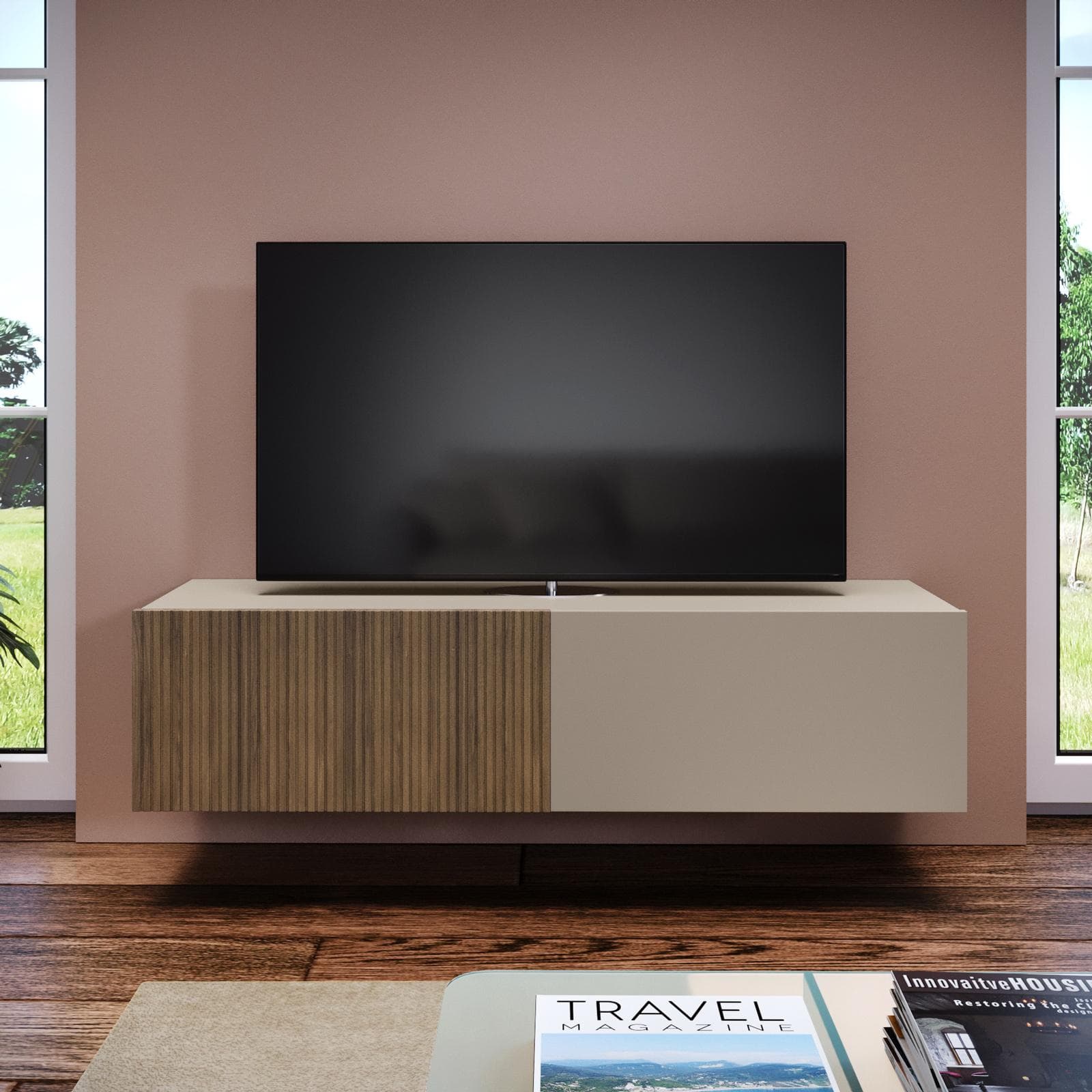 Mobile porta tv sospeso 135x32h cm tortora e rovere millennium cannettato con 2 ante - Zelma