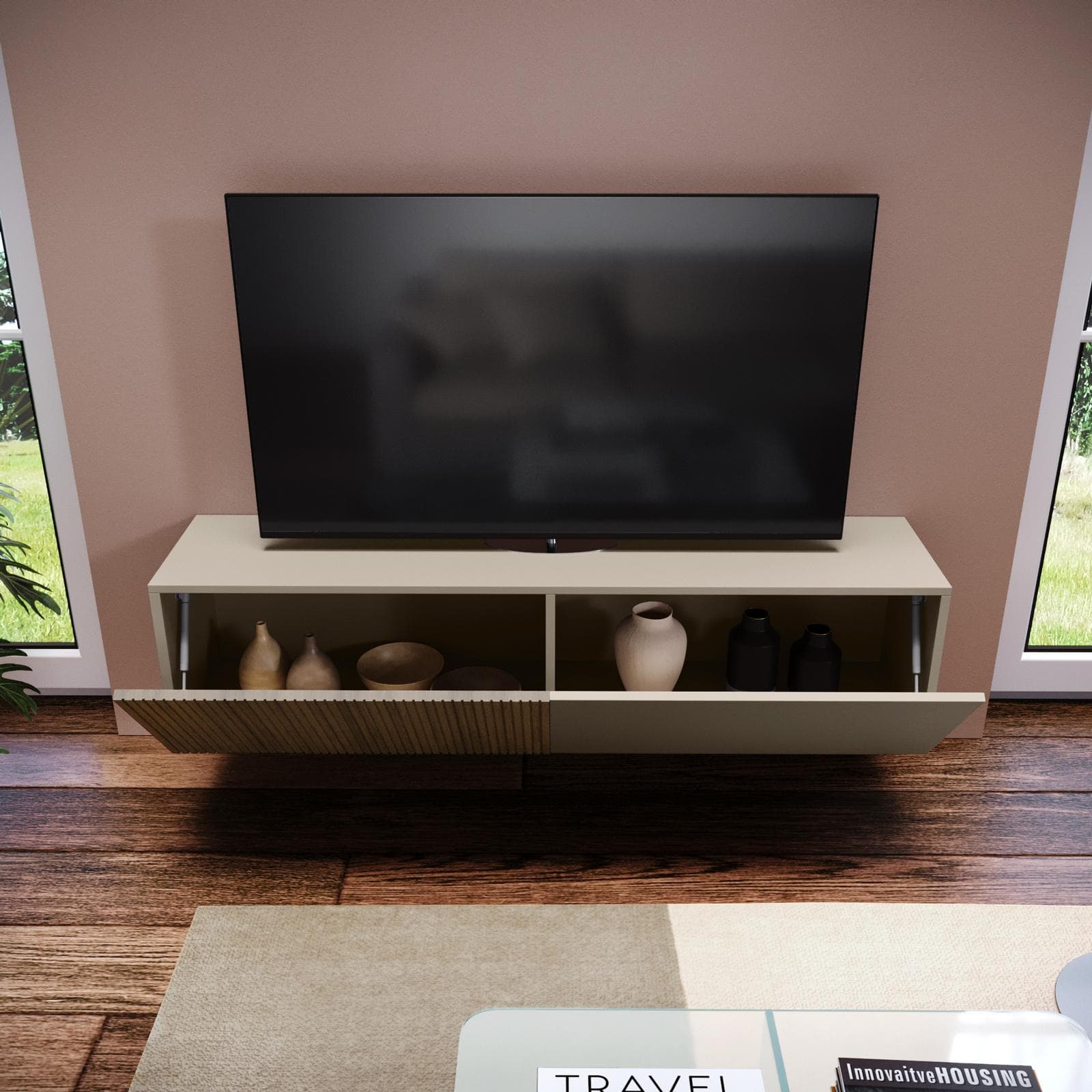 Mobile porta tv sospeso 135x32h cm tortora e rovere millennium cannettato con 2 ante - Zelma