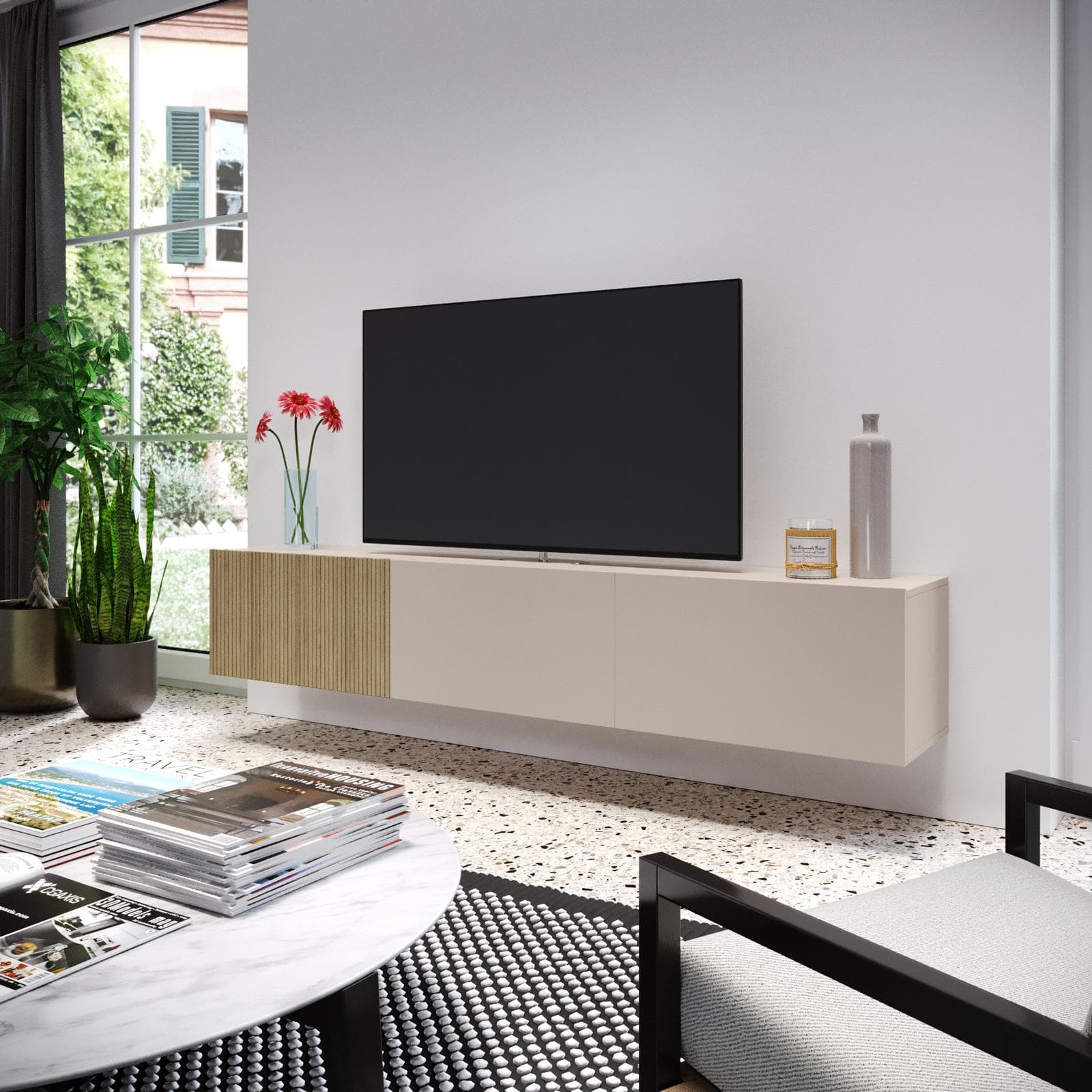 Mobile porta tv sospeso 180x32h cm cashmere e rovere albini cannettato con 3 ante - Zelma