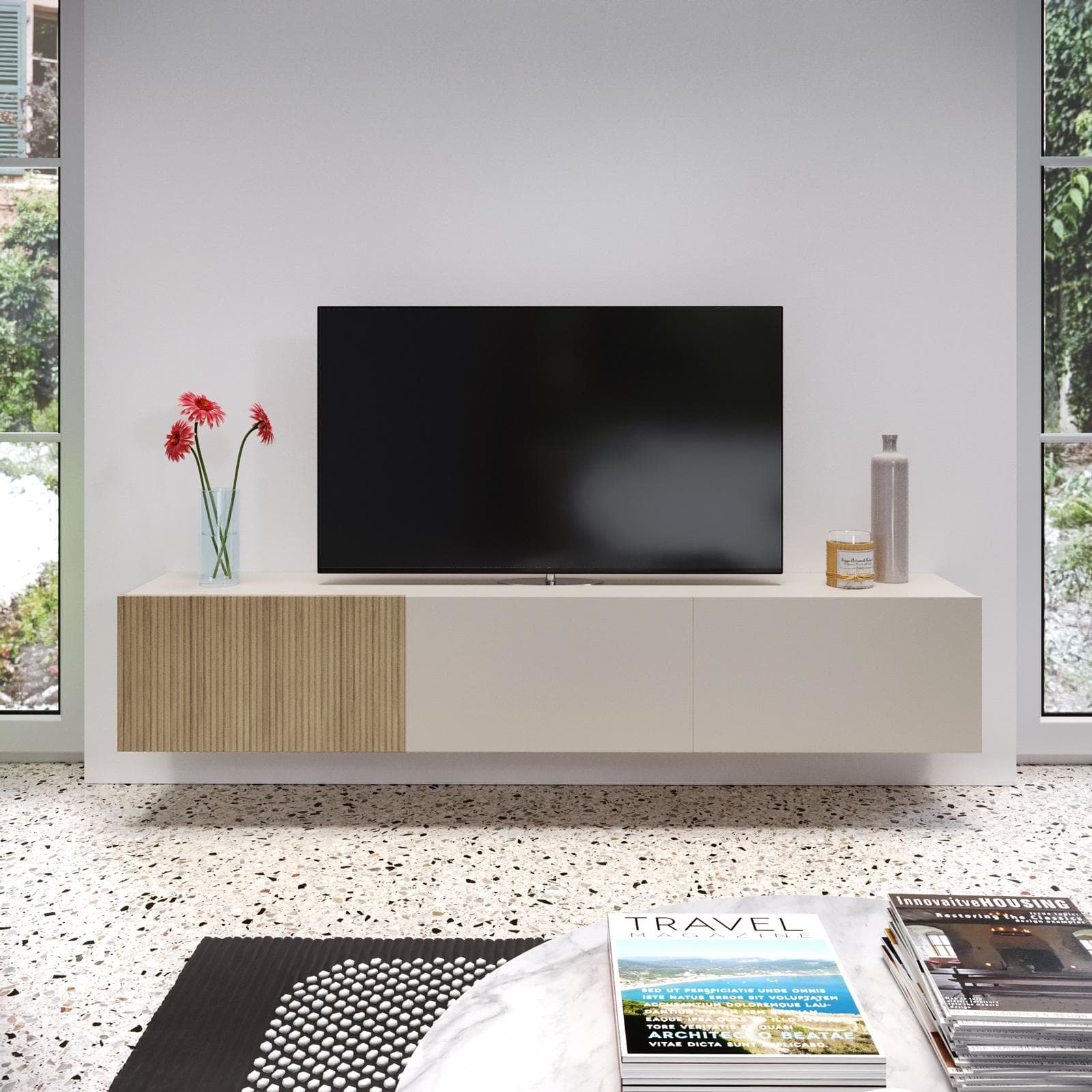 Mobile porta tv sospeso 180x32h cm cashmere e rovere albini cannettato con 3 ante - Zelma
