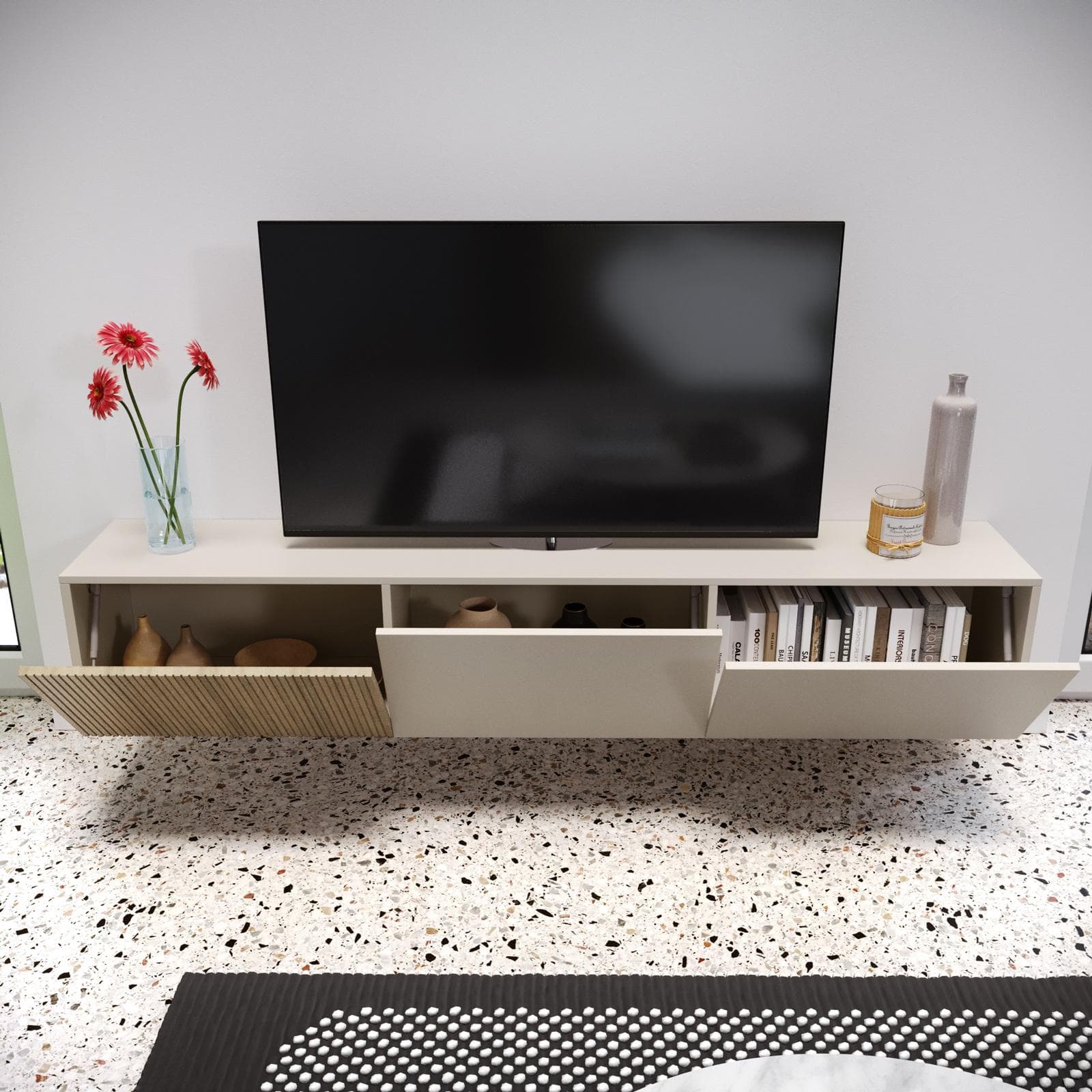 Mobile porta tv sospeso 180x32h cm cashmere e rovere albini cannettato con 3 ante - Zelma
