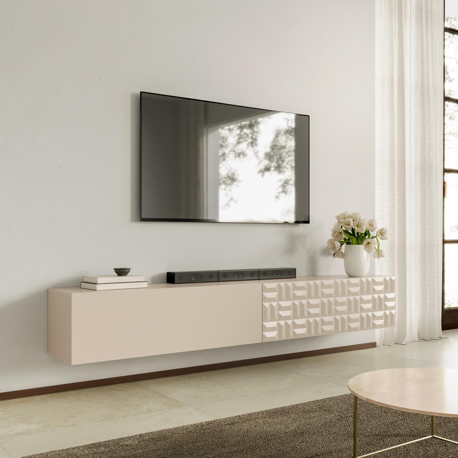 Mobile porta tv sospeso 200x30h cm cashmere con 2 ante - Thico