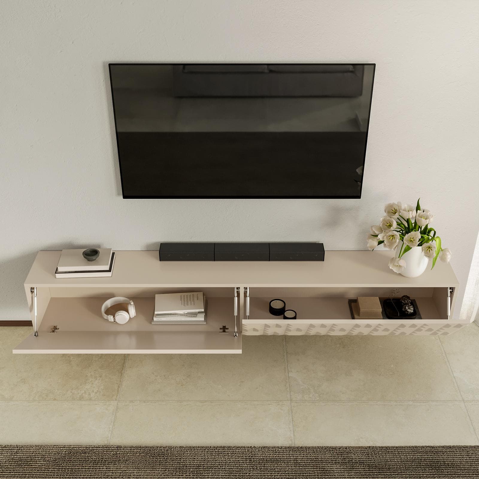 Mobile porta tv sospeso 200x30h cm cashmere con 2 ante - Thico