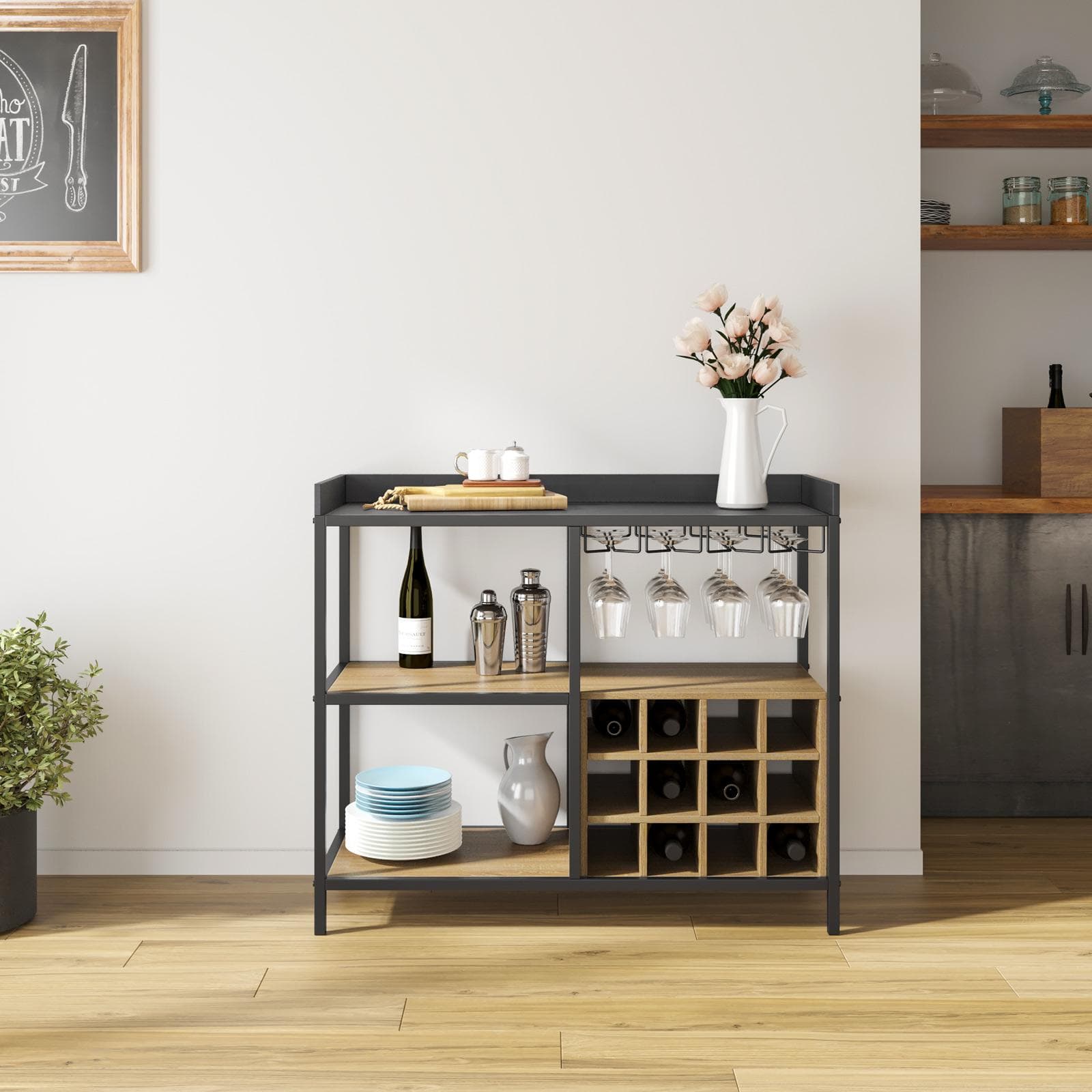 Mobile portabottiglie 100x86h cm effetto rovere grano e metallo nero - Puton