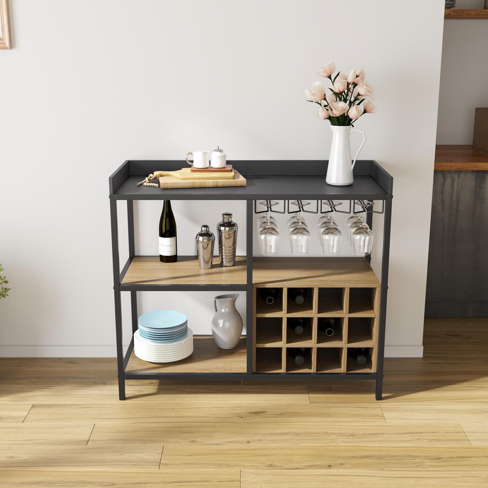 Mobile portabottiglie 100x86h cm effetto rovere grano e metallo nero - Puton