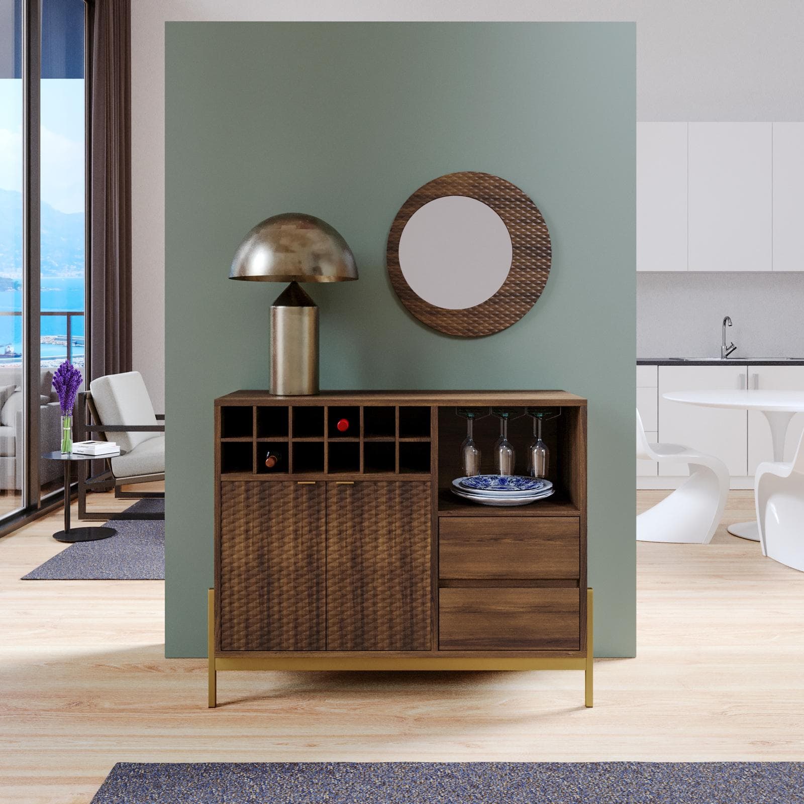 Mobile portabottiglie 108x90h cm noce con piedi in metallo oro bronzato e soft close - Kyra