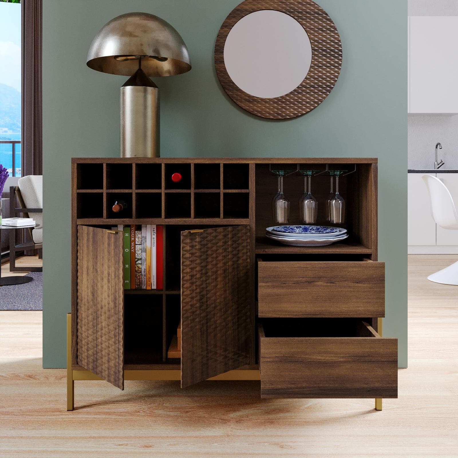 Mobile portabottiglie 108x90h cm noce con piedi in metallo oro bronzato e soft close - Kyra