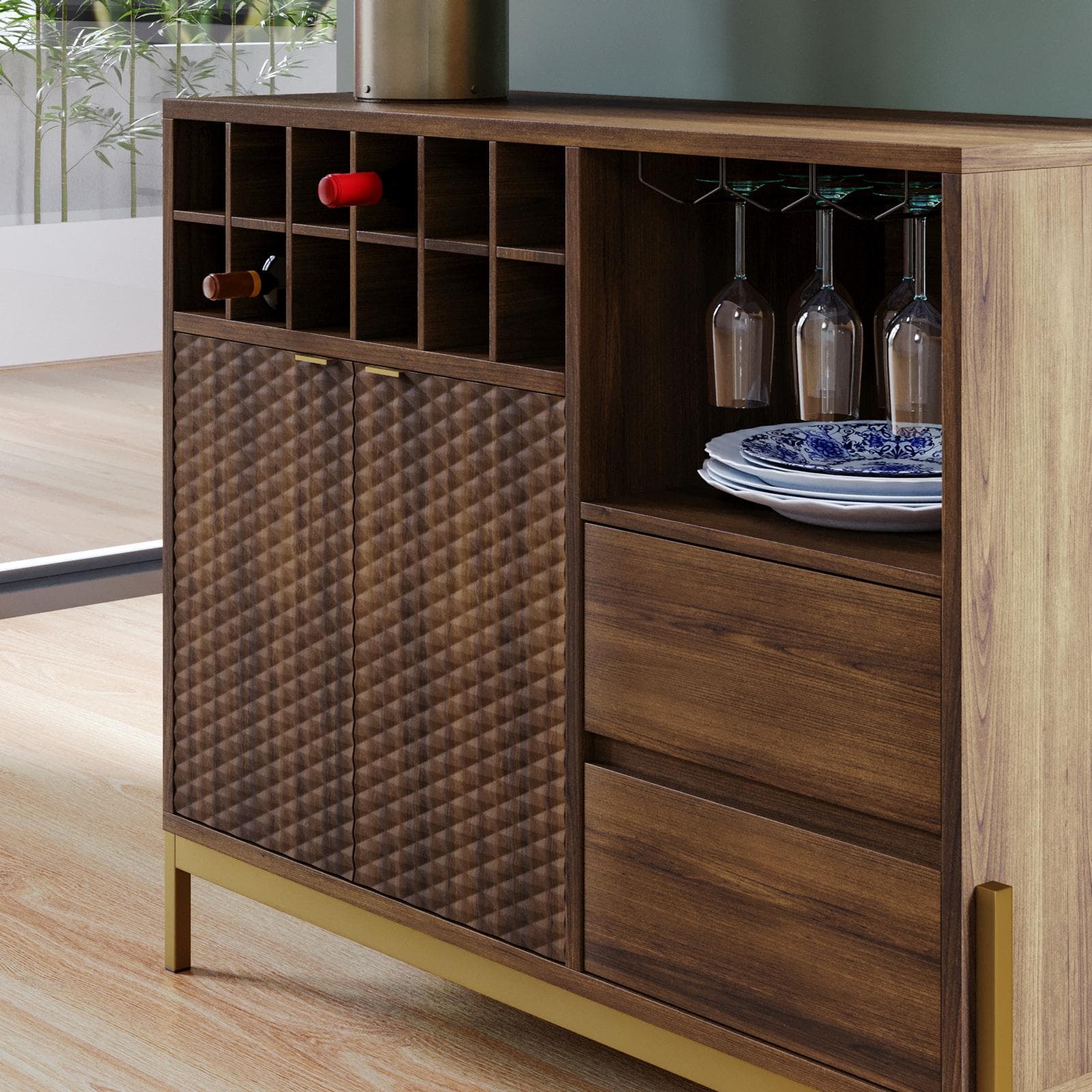 Mobile portabottiglie 108x90h cm noce con piedi in metallo oro bronzato e soft close - Kyra