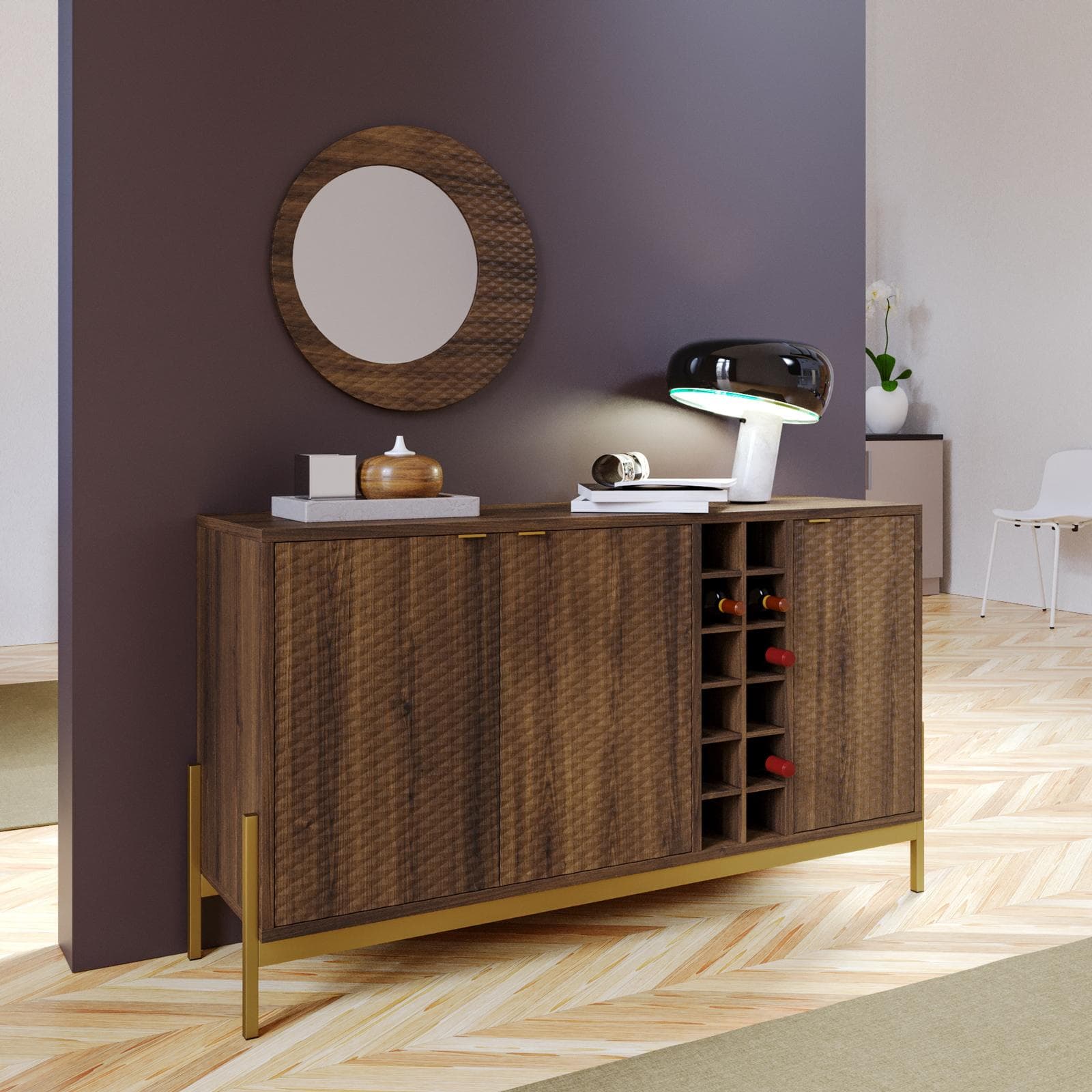 Mobile portabottiglie 135x78h cm noce con piedi in metallo oro bronzato e soft close - Kyra
