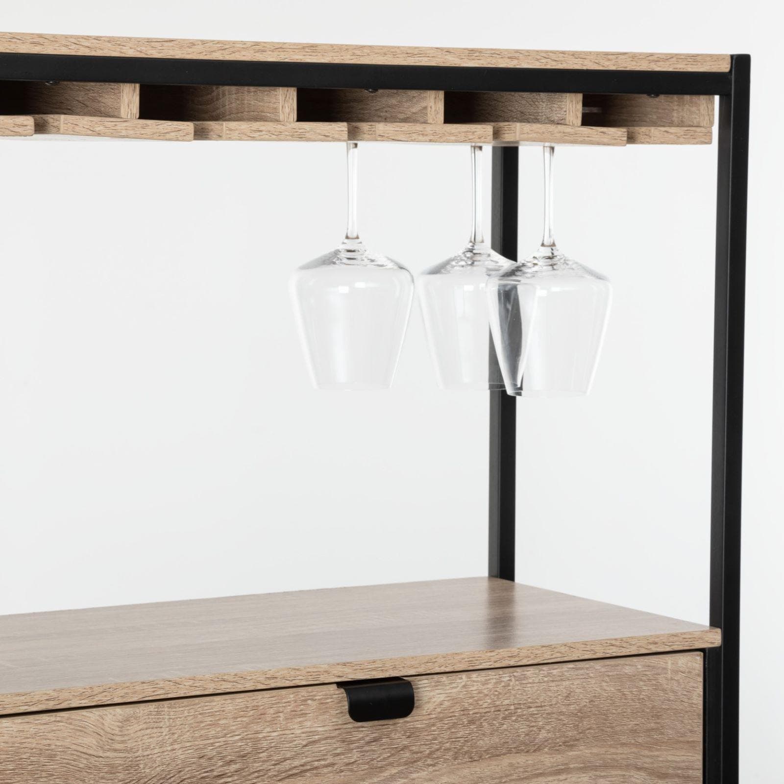 Mobile portabottiglie 160h cm effetto rovere e acciaio nero con portabicchieri - Emyl