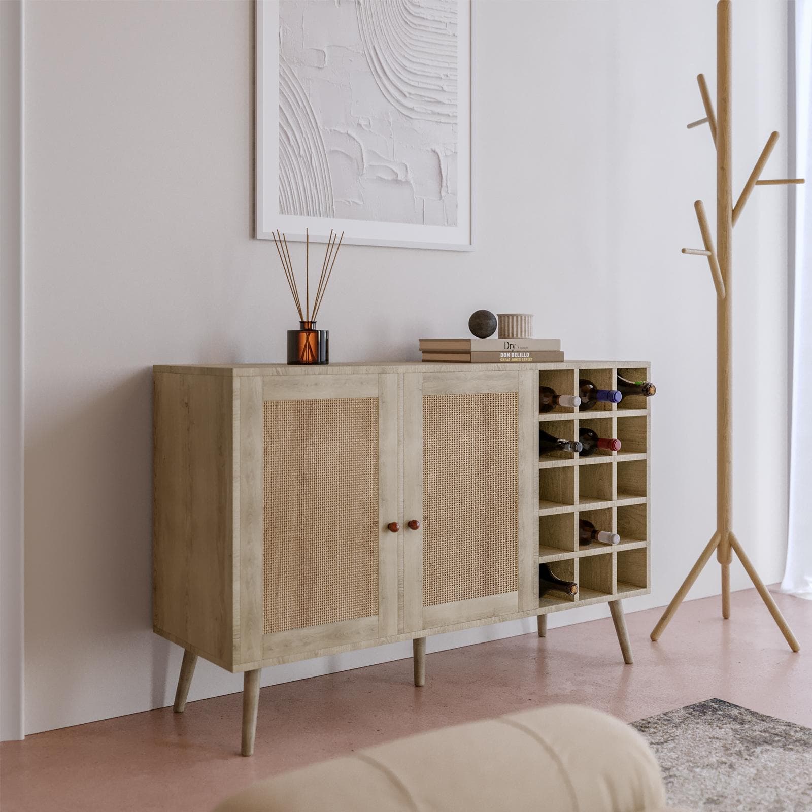 Madia 120x71h cm in legno naturale con portabottiglie e 2 ante in rattan - Boheme