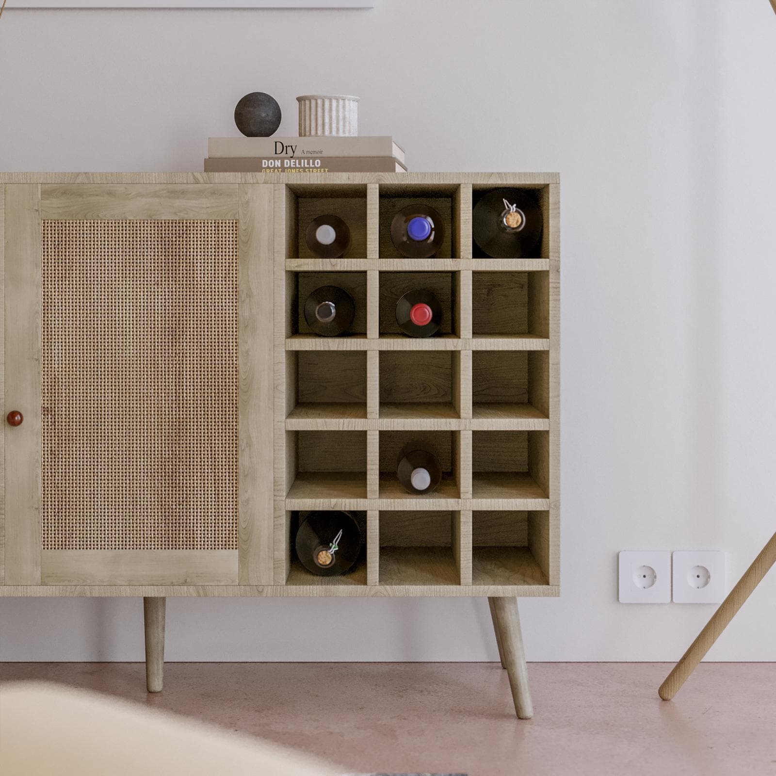 Madia 120x71h cm in legno naturale con portabottiglie e 2 ante in rattan - Boheme