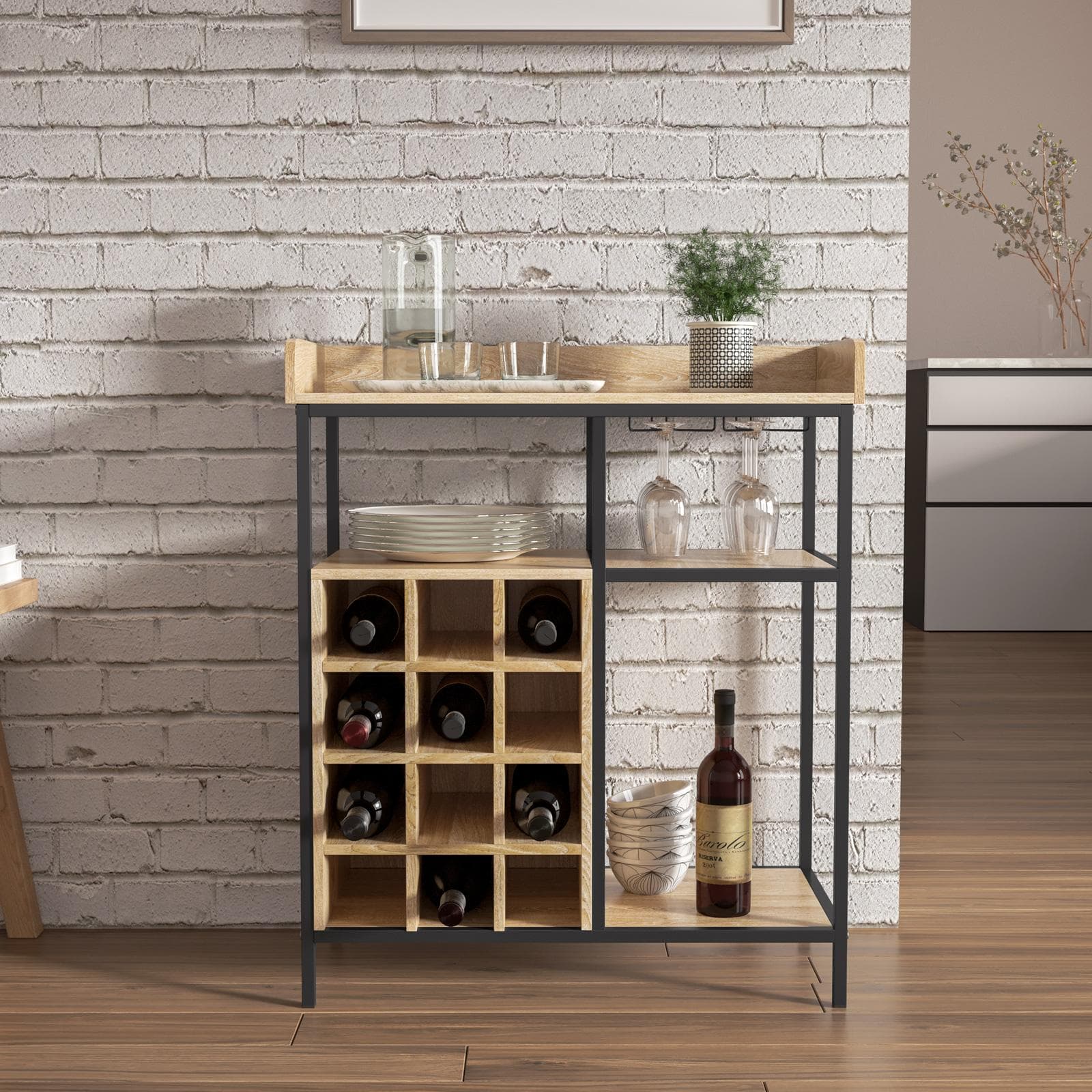 Mobile portabottiglie 70x82h cm in metallo nero e legno effetto rovere - Tipar