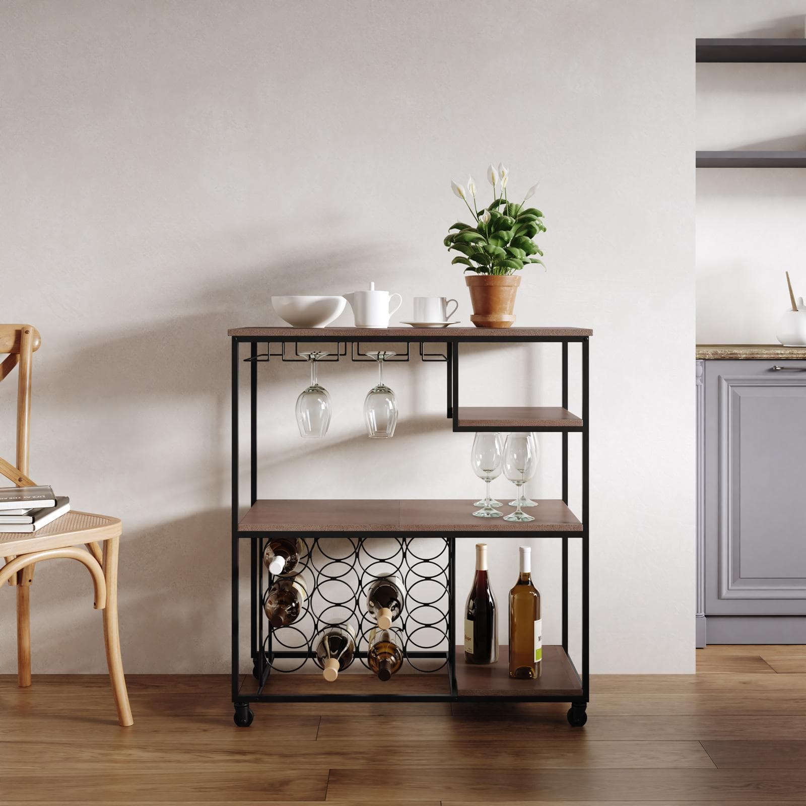 Mobile portabottiglie 80x88h cm in metallo nero e legno noce - Cellar
