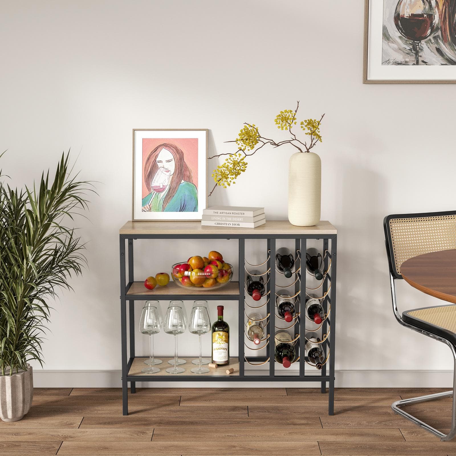 Mobile portabottiglie 90x80h cm in metallo nero e legno effetto rovere - Gimlet