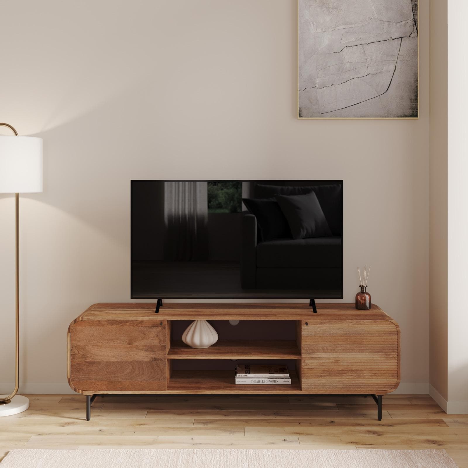 Mobile prota tv 160x50h cm in legno di mango cannettato con 2 ante - Mumbai
