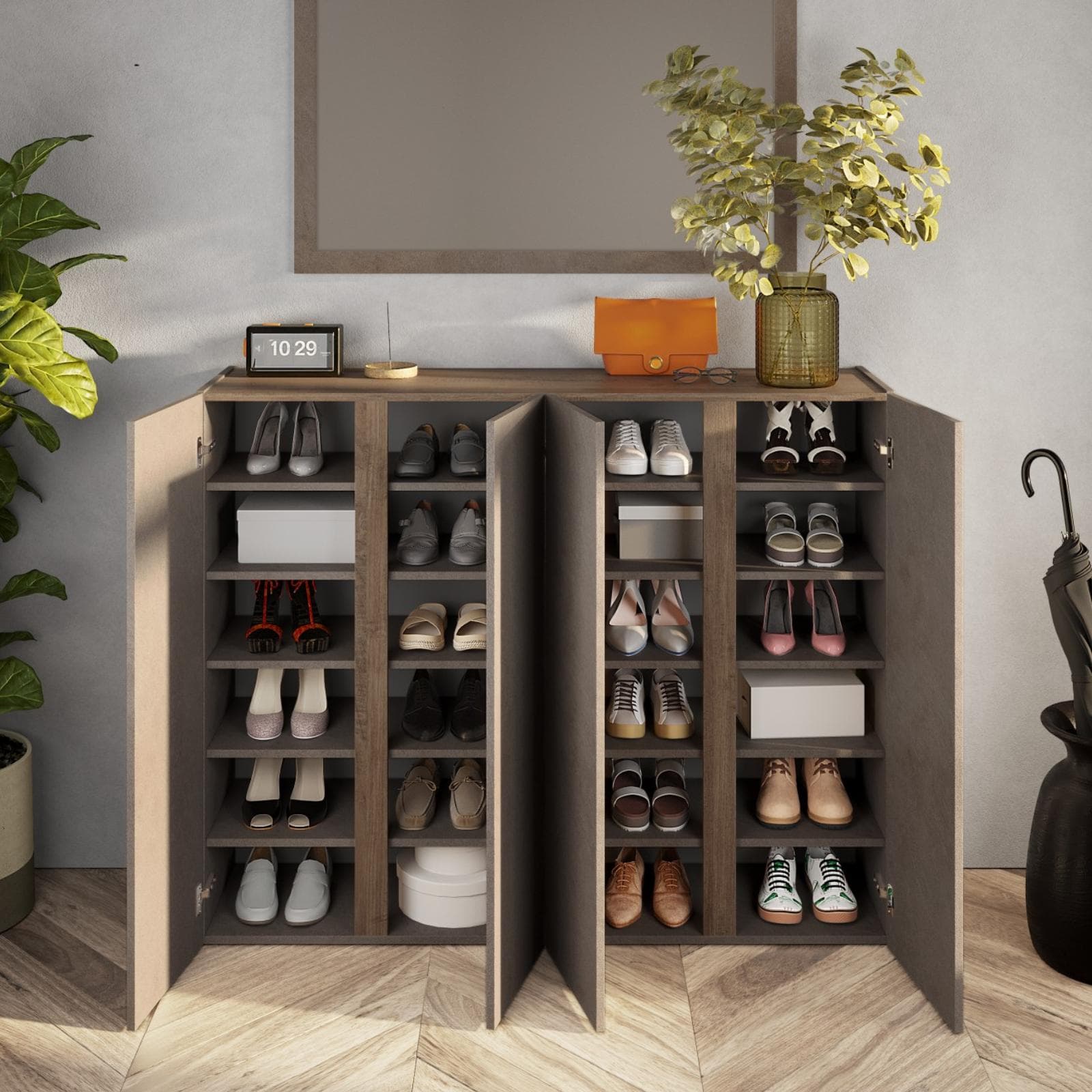 Mobile scarpiera 10 ripiani e ante battenti 140x111h cm legno mercure e bronzo - Blake