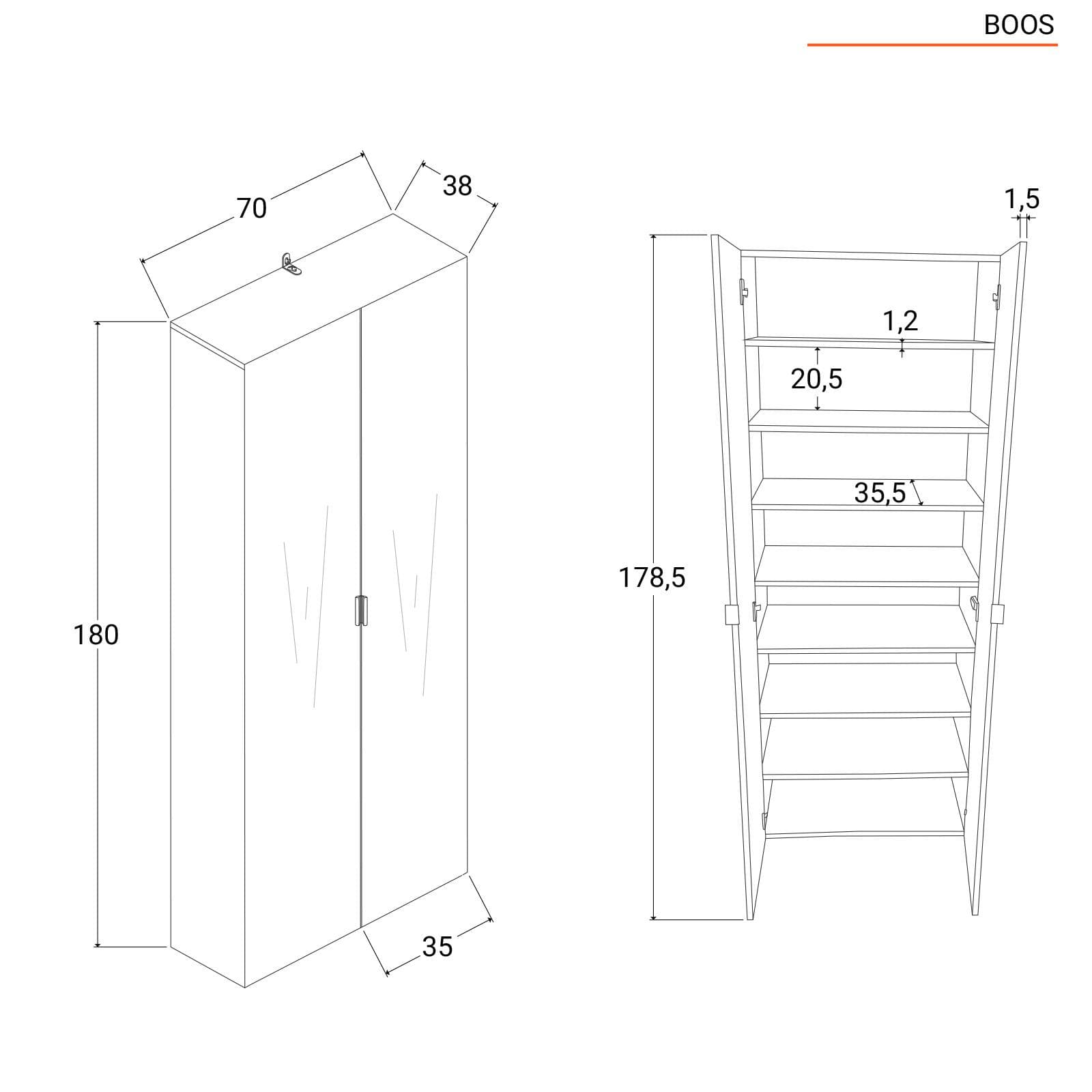 Scarpiera armadio 70x180 cm effetto rovere con 2 ante a specchio e 7 ripiani - Boos