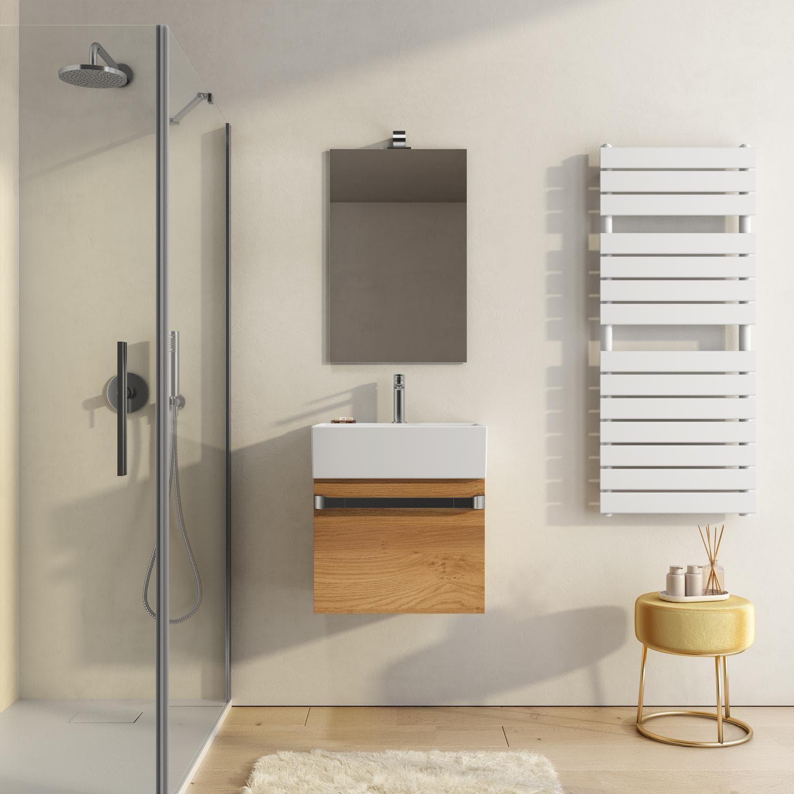 Mobile sospeso salvaspazio 50 cm profondità 42 cm effetto legno noce con lavabo e specchio - Virgola