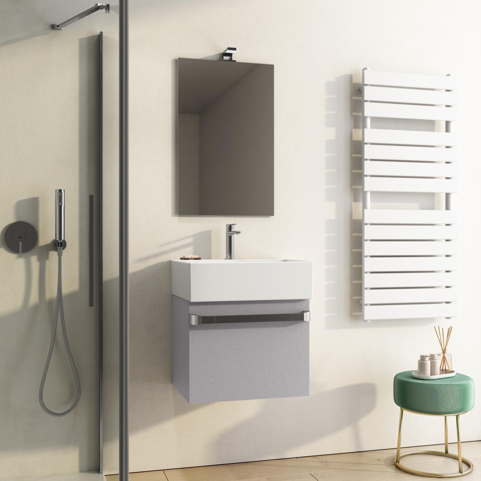 Mobile sospeso salvaspazio 50 cm profondità 42 cm grigio nord con lavabo e specchio - Virgola